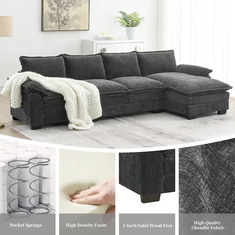 Modern 5-Seat L-Shaped Cloud Sleeper Sofa Couch with Chaise Lounge with Double Seat Cushions