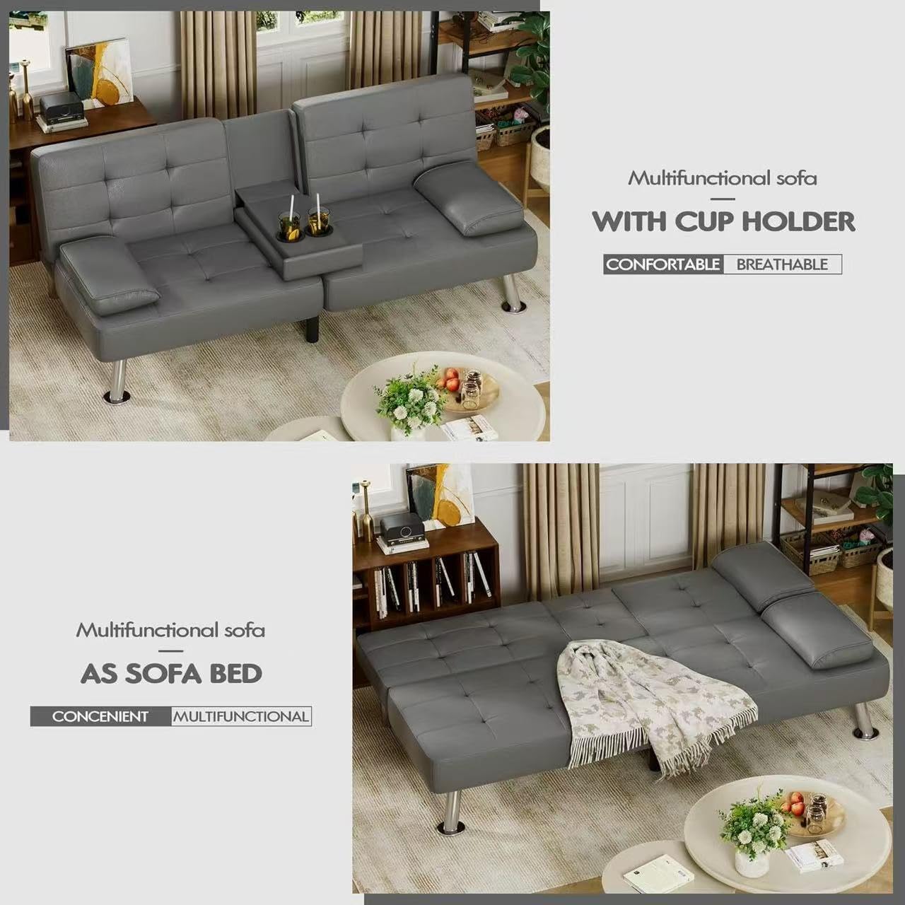 Homall Futon Sofa Bed Leather Futon Couch Removable Armrests Adjustable Recliner Sofa Bed