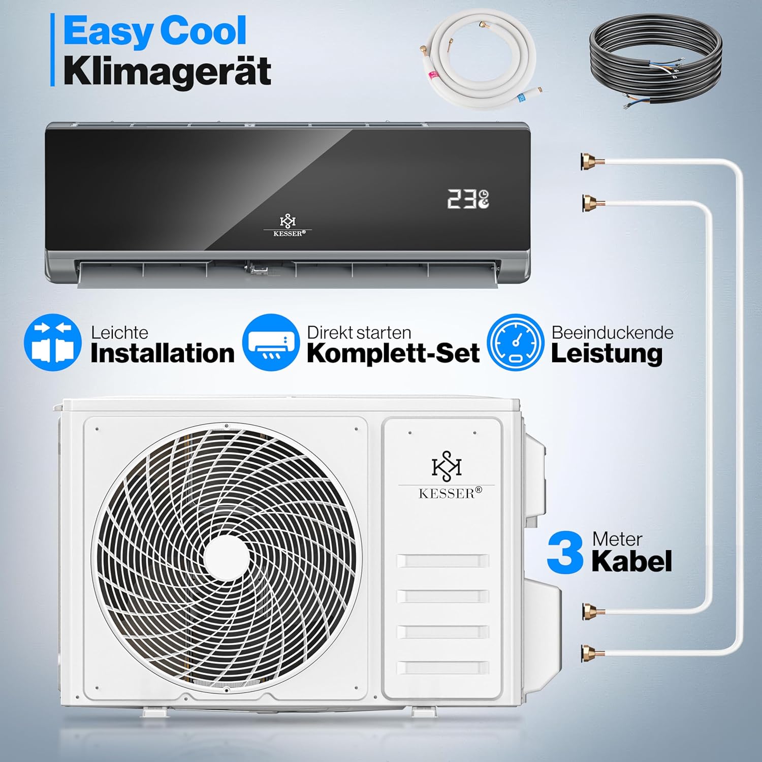 KESSER® Klimaanlage Set Split - mit WiFi/App Funktion Klimagerät - Kühlen A++/ Heizen A+ - 9000 BTU/h (2.600 Watt) Kältemittel R32 - Fernbedienung, Timerfunktion - Inkl. komplettem Montagematerial
