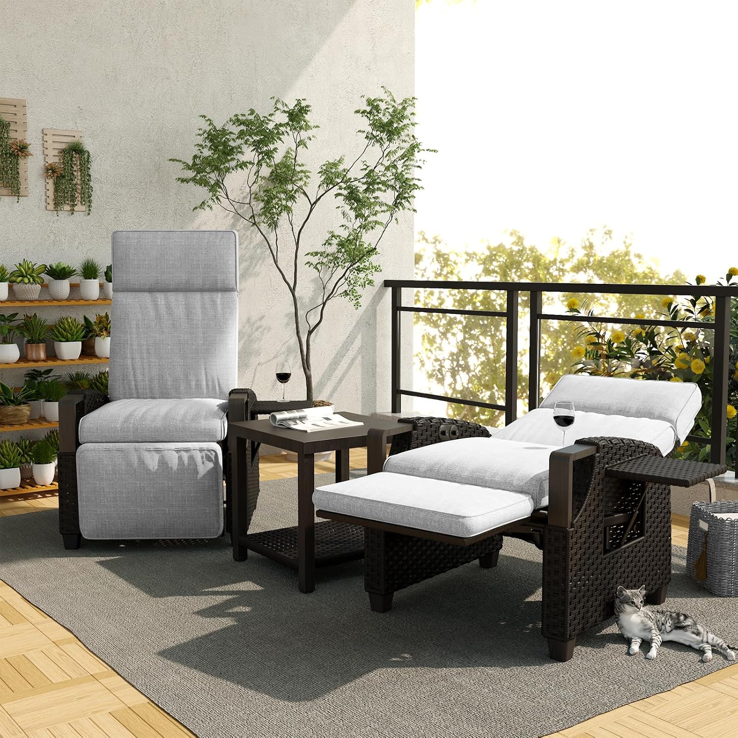 Grand patio Relaxliege Liegesessel mit Sitzkissen Armlehnensessel Verstellbare Rückenlehne Rattan Sonnenliege für Innen, Außeneinsatz, Dunkelgrau -Dunkel Grau Sitzkissen & Braun Rattan