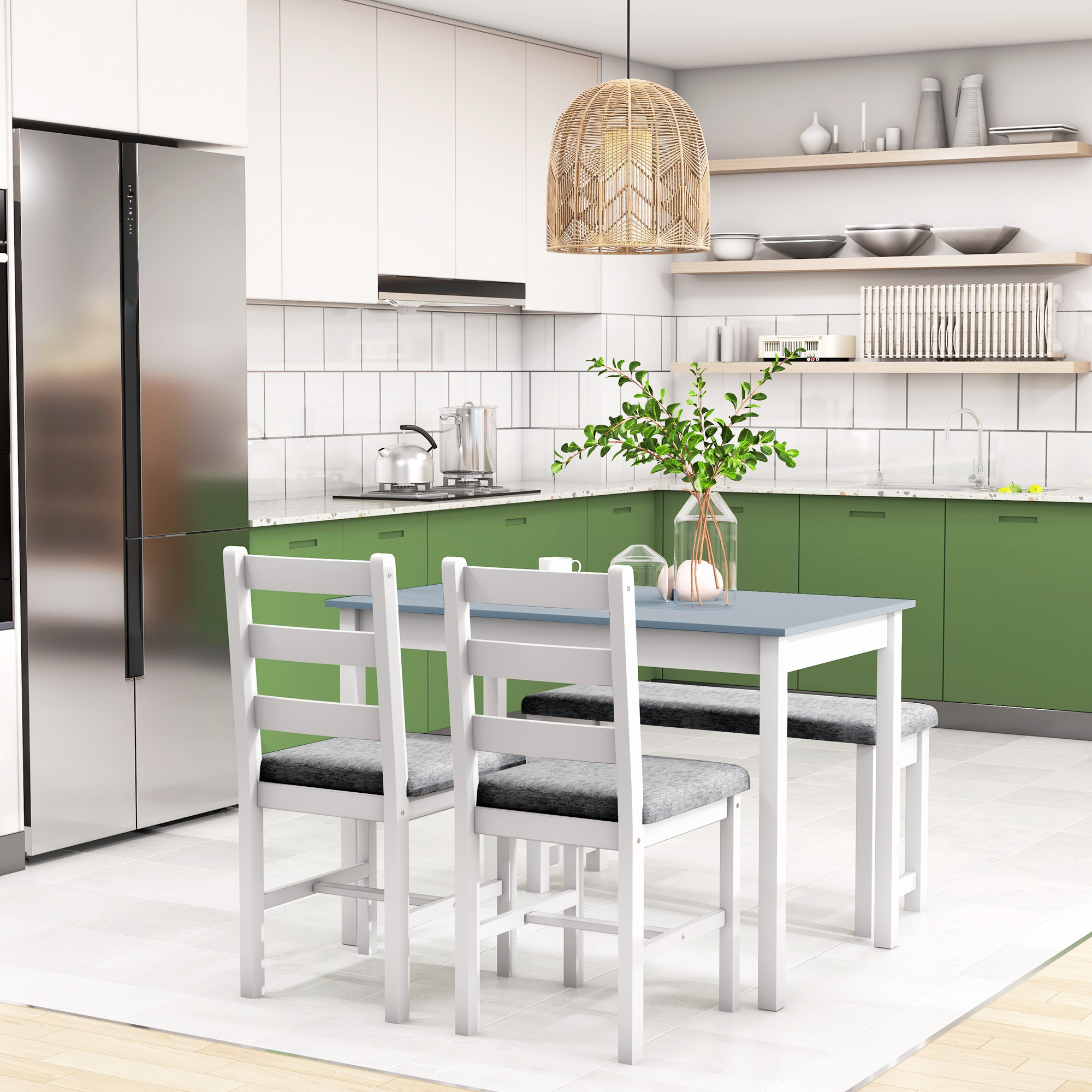 HOMCOM 4-delige eetset, 1 tafel, 1 bank, 2 stoelen, grijs+wit