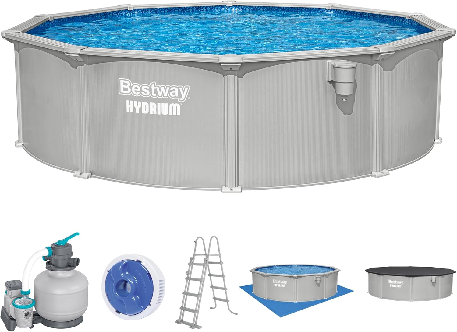 Bestway Hydrium Stahlwandpool Komplett-Set rund 457 x 122 cm Granitgrau Gartenpool Aufstellpool mit Sandfilteranlage