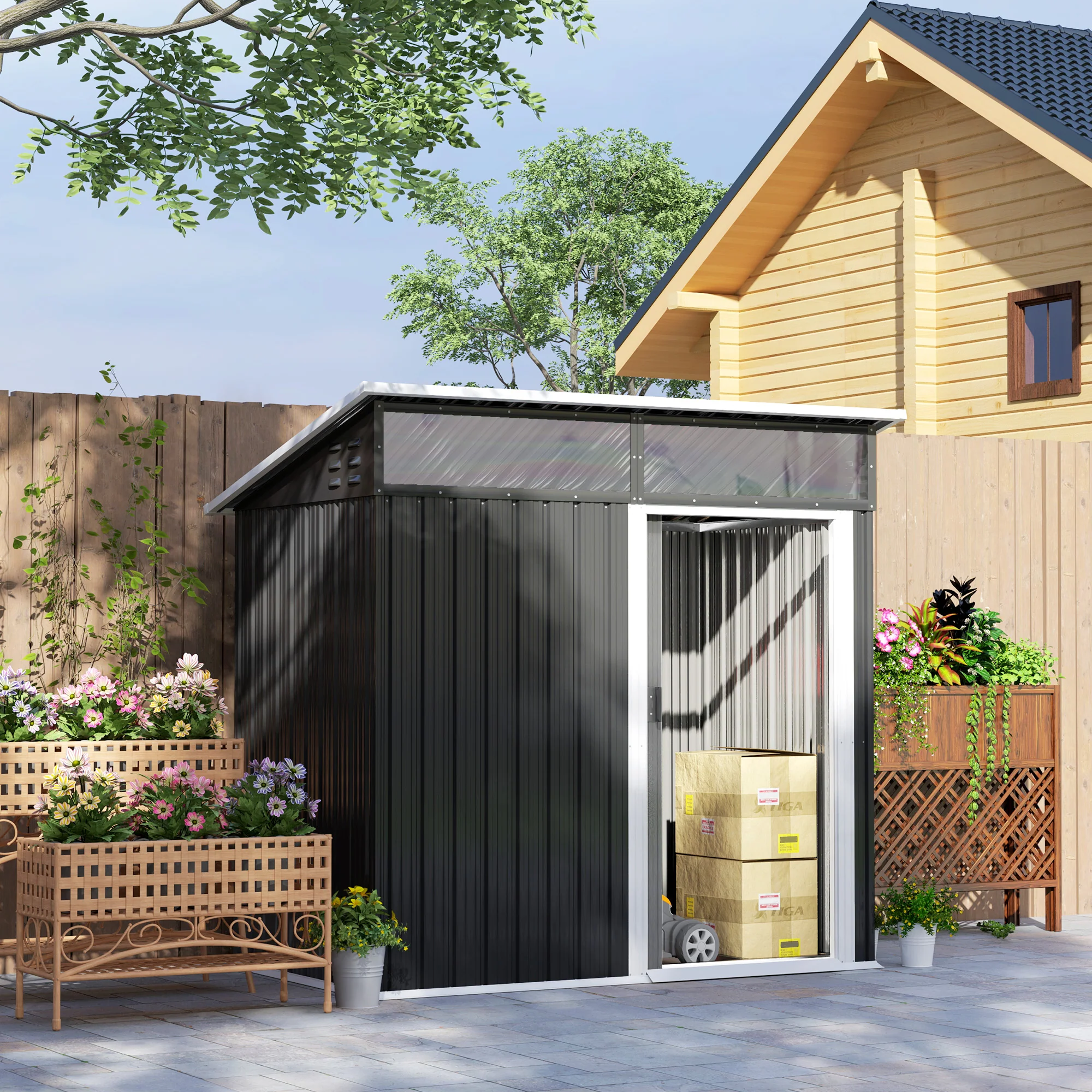 Outsunny Tuinschuur, Gereedschapsschuur met Vensters, Ventilatieopeningen, Schuifdeur, Waterdicht Staal, Weerbestendig, Donkergrijs