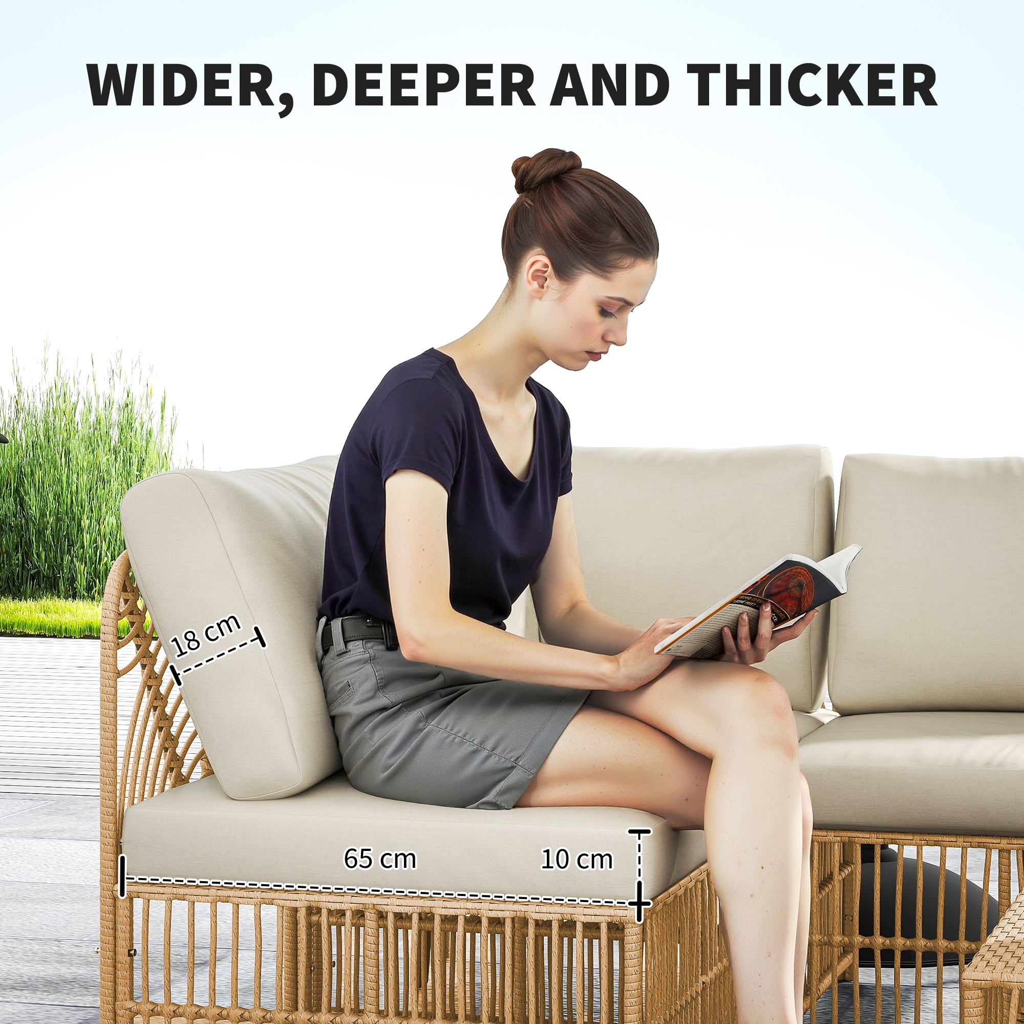 Outsunny 5-delige Tuinmeubelset, 2 Hoekstoelen, 2 Middelstoelen, Voetenbank, Zitkussens, Rugkussens, Lichtbruin+Cremewit