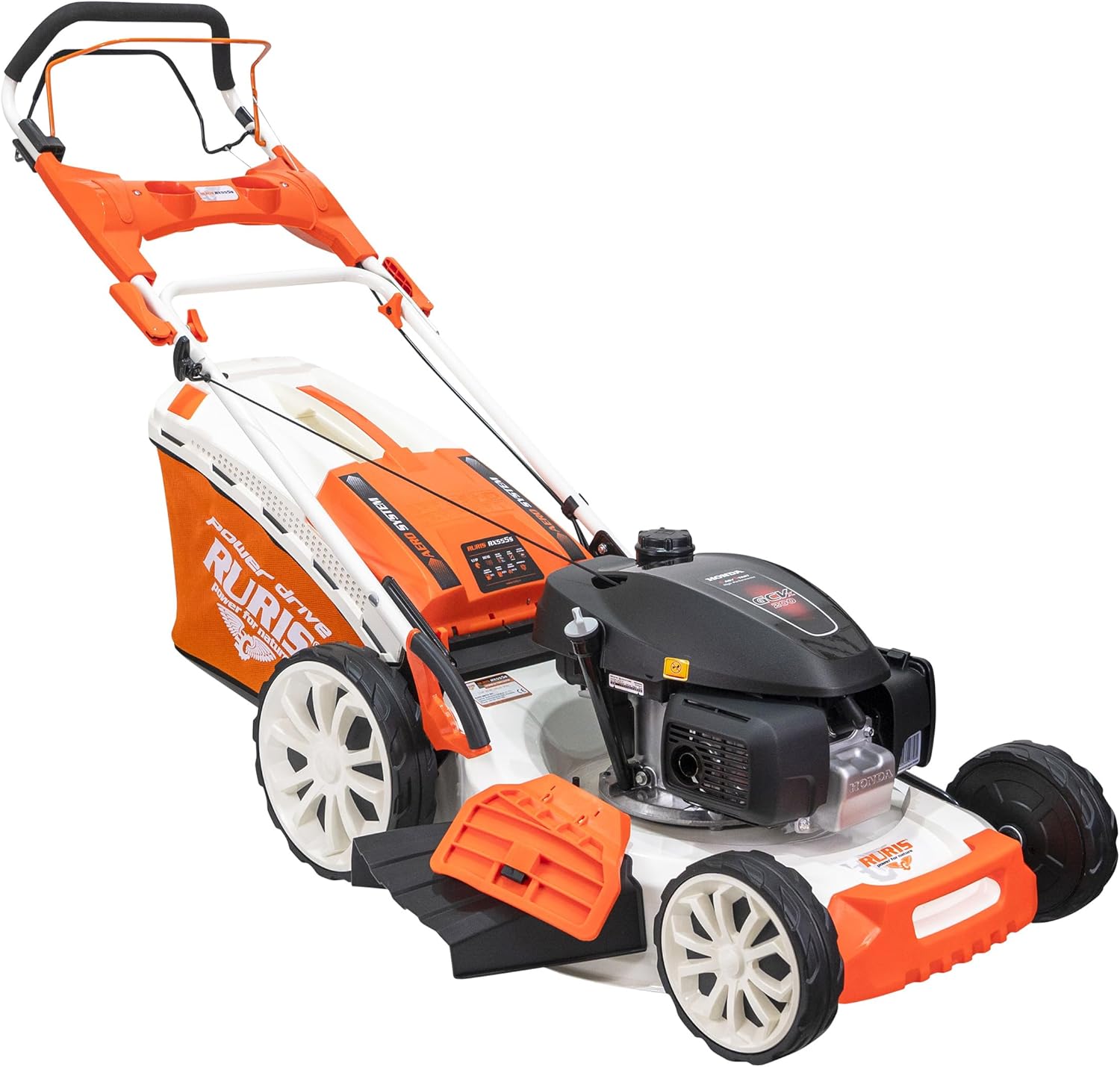 RURIS Power for Nature Tondeuse à Gazon Thermique RX555s Moteur Honda 5,2 CV, 202cc, 530mm, Sac 65l, propulsee Automatique, 5 in 1: Ramassage, Éjection Arrière et Latérale, Mulching, Nettoyage