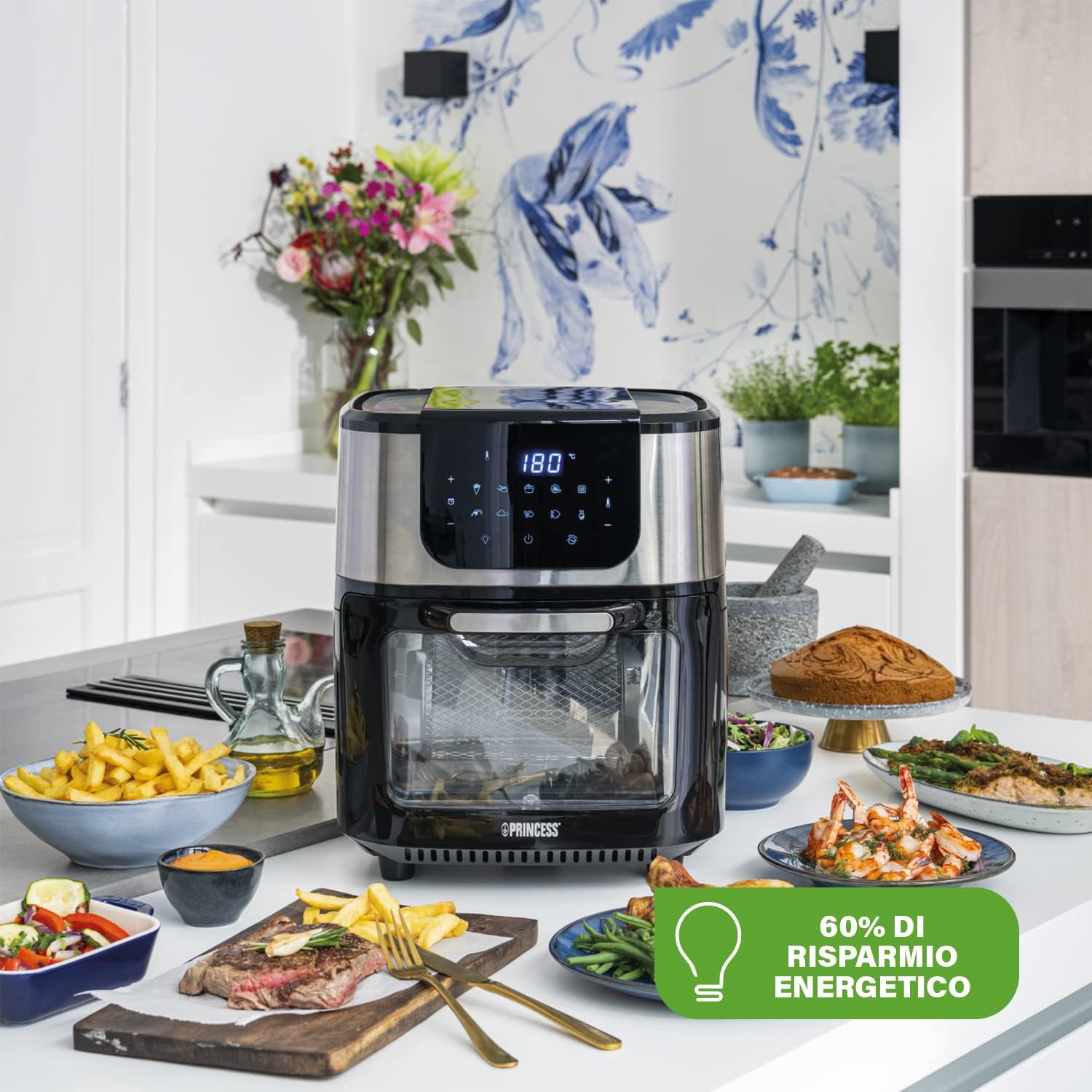 Princess Deluxe Oven Air Fryer - 11L - 1800W - Digital Touch Screen - 10 Preset Programs - Poultry and Basket Included - Stainless Steel - 182075