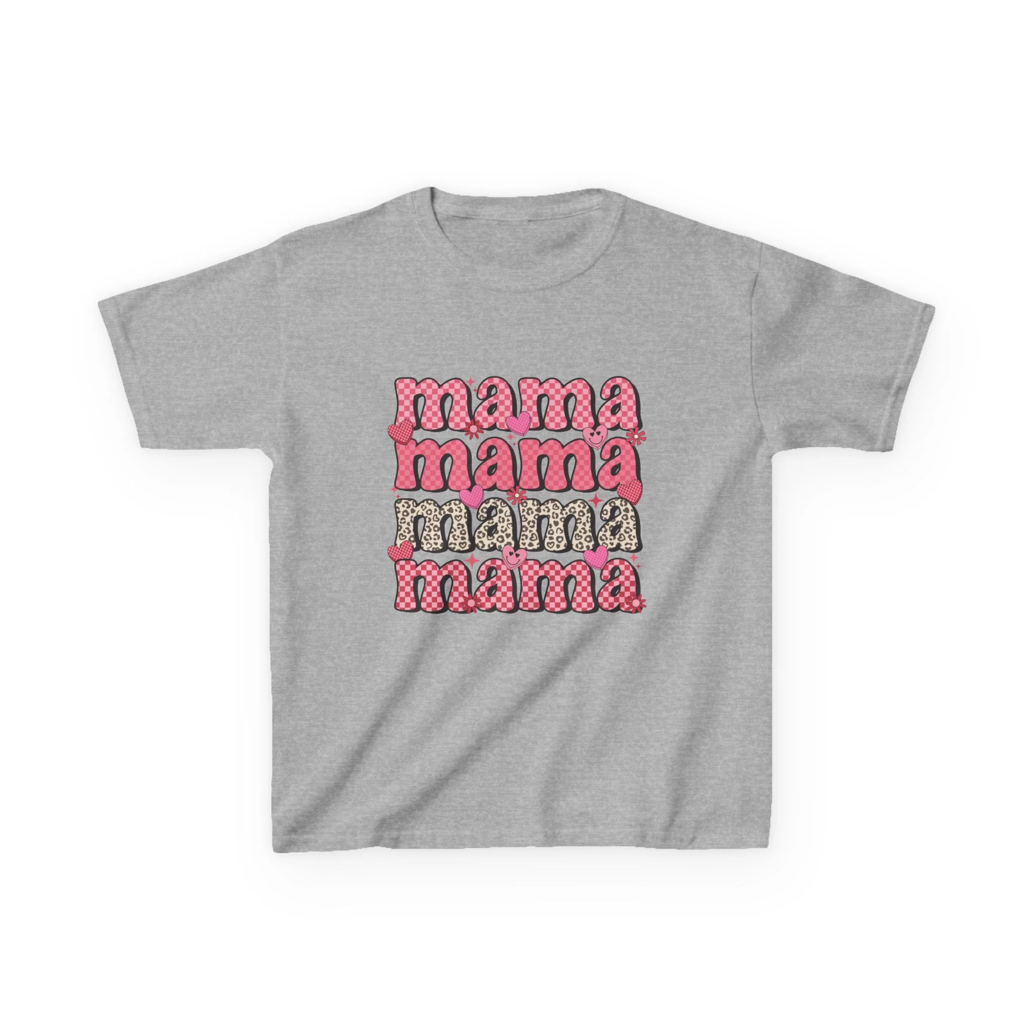 mama stacked text Kids Tee | Retro Pink Pattern