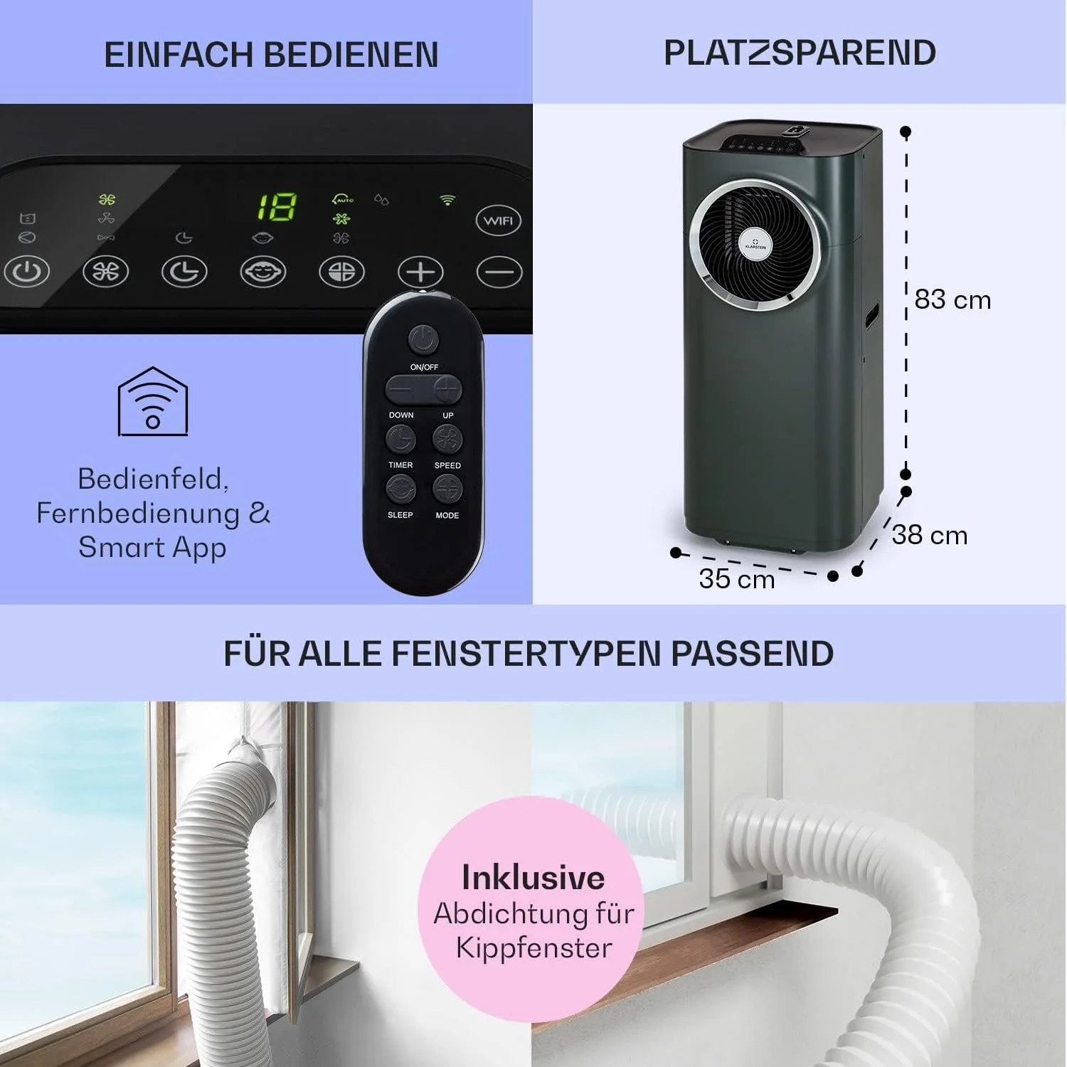 Klarstein Mobile Klimaanlage mit Abluftschlauch, 5-in-1 Klimagerät, Ventilator, Luftentfeuchter, Luftreiniger & Nachtmodus, App-Steuerung, Kleine & Portable, für Wohnung & Büro, 12000 BTU
