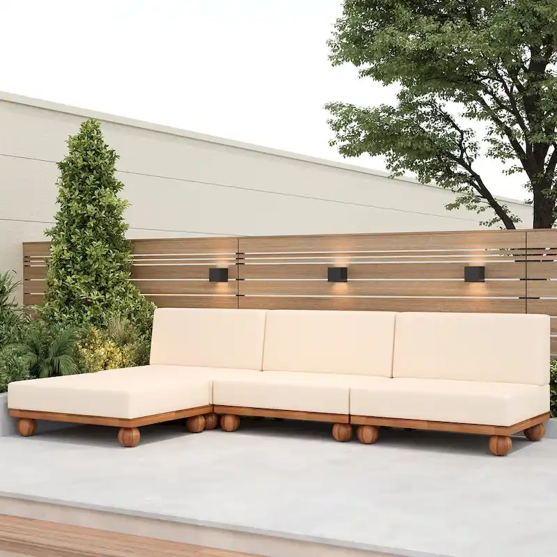 Scott Living Dulcie 4 Piece Outdoor Acacia Wood L Shape Setional Sofa with Removable Cushions
