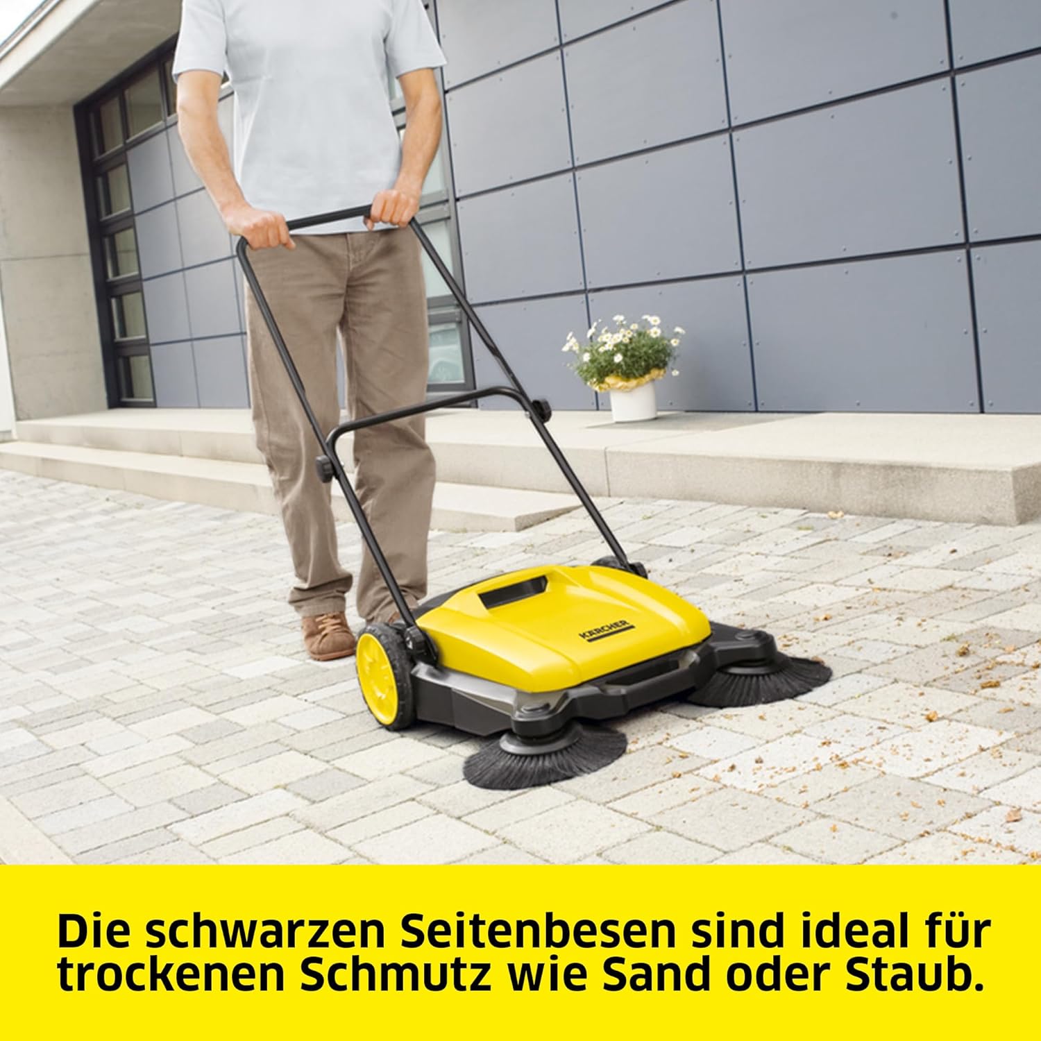 Kärcher Kehrmaschine S 3 Twin 2-in-1, Arbeitsbreite: 650 mm, bis zu 1.800 m²/h Fläche, Kehrgutbehälter: 16 l, Gewicht: 9,7 kg, 2 Seitenbesen für trockenen Schmutz, 2 Seitenbesen für feuchten Schmutz