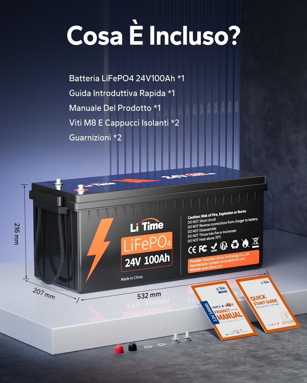 LiTime 24V 100Ah Lithium Battery, Lifepo4 Battery with 100A BMS, 4000+ Cycles, 10 Years Life, Lithium Battery Suitable for Caravan, Motorhome, Solar, Boating, Off-Grid Applications