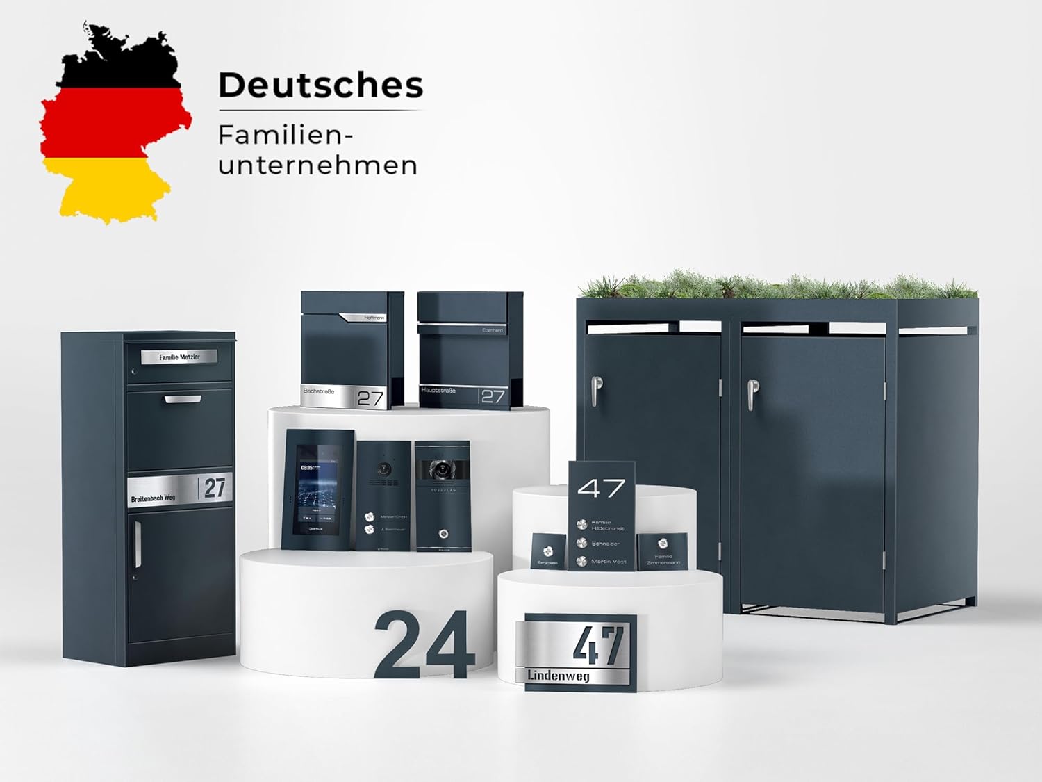 Metzler Mülltonnenbox in Anthrazit & Holzoptik 2er 240L, Mülltonnenverkleidung 2 Tonnen, witterungsbeständiger und pulverbeschichteter Stahl mit Automatikdeckel, abschließbar, Garten- und Müllbox
