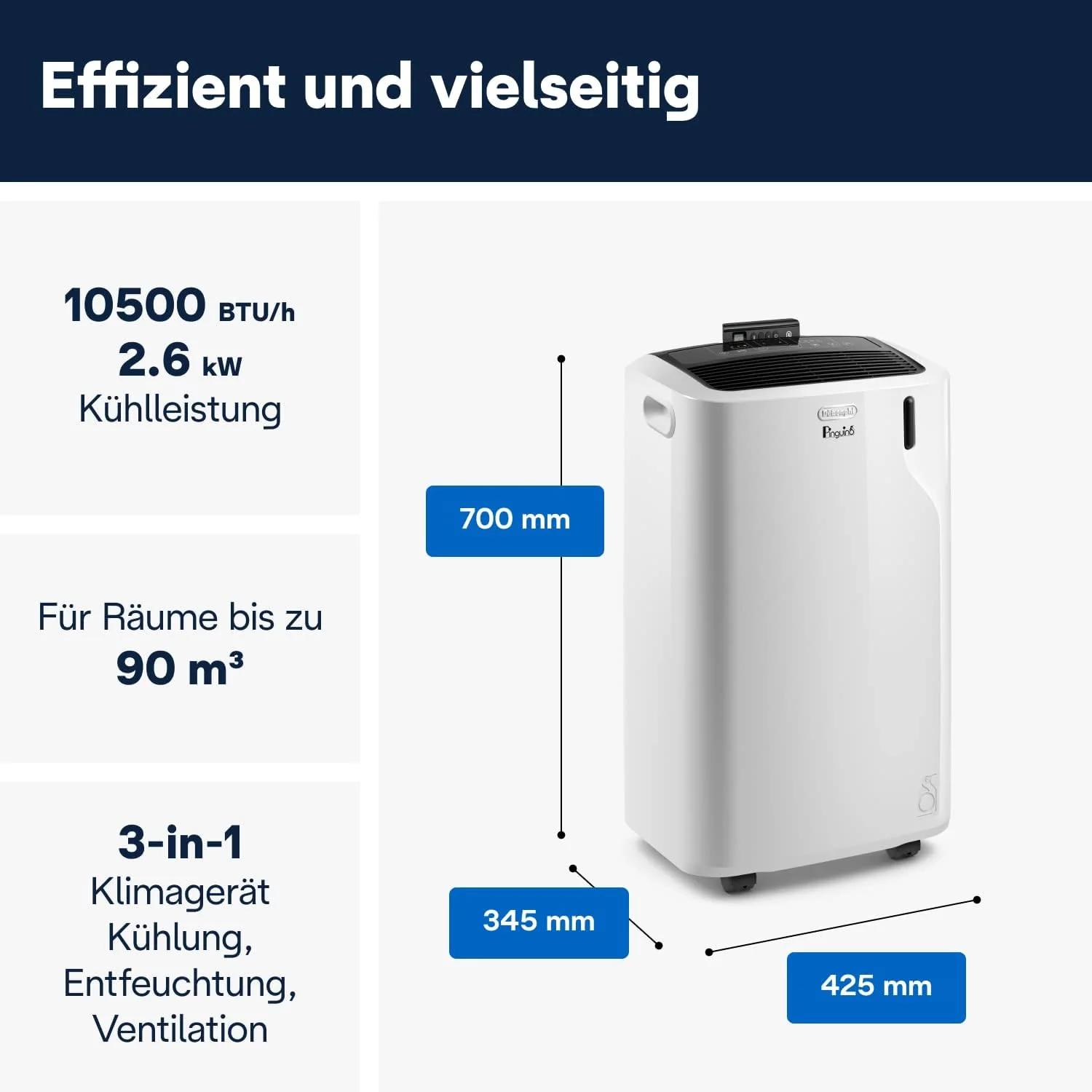 De'Longhi Pinguino PAC EM93 Silent, climatizzatore portatile per ambienti fino a 90 m³, 10.500 BTU/h, 2,6 kW, 63 dB, funzione deumidificatore, classe energetica A, timer 24 ore, bianco