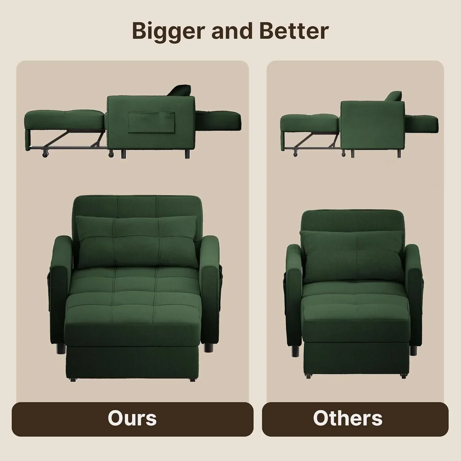 Sofa Bed Chair 3 in 1 Convertible Pullout Single Sleeper Chair Bed Spacious Multifunctional Sofa