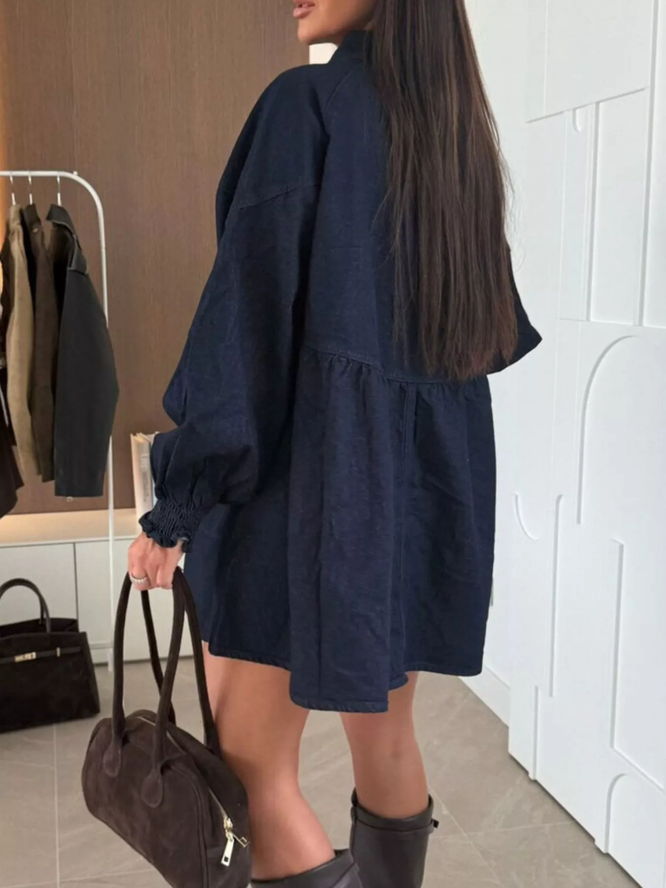 Button Down Mini Denim Dress with Front Pockets