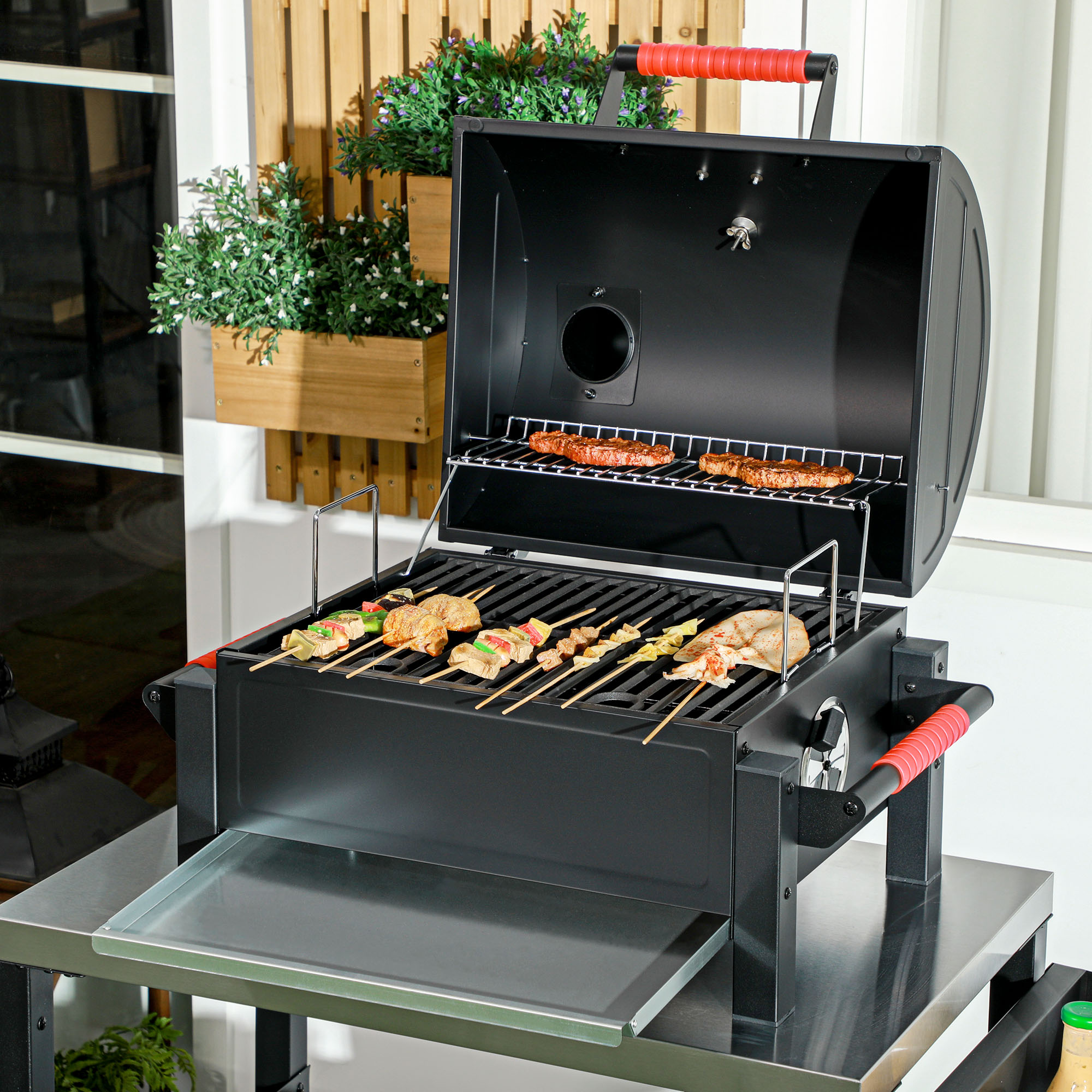 Houtskoolgrill met Deksel, Warmhoudrooster, Aslade, Thermometer, Roestvrij, 68,5x50x54cm, Zwart/Rood