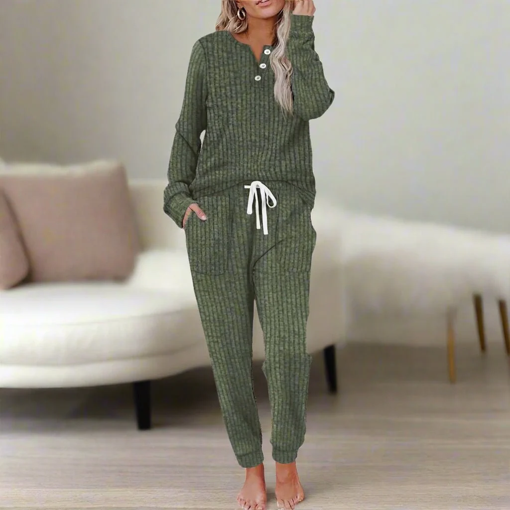 Women��s Ribbed Two-Piece Loungewear Set with Button-Neck Long Sleeve