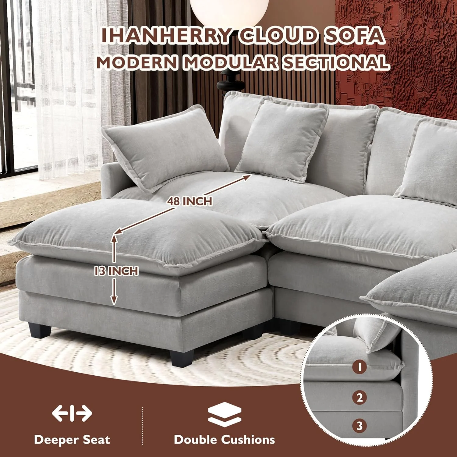 111.4 Inch L-Shaped Modern Sofa Modular Cloud Sofa Ottoman 4-Seater Chenille Deep Seat Sofa
