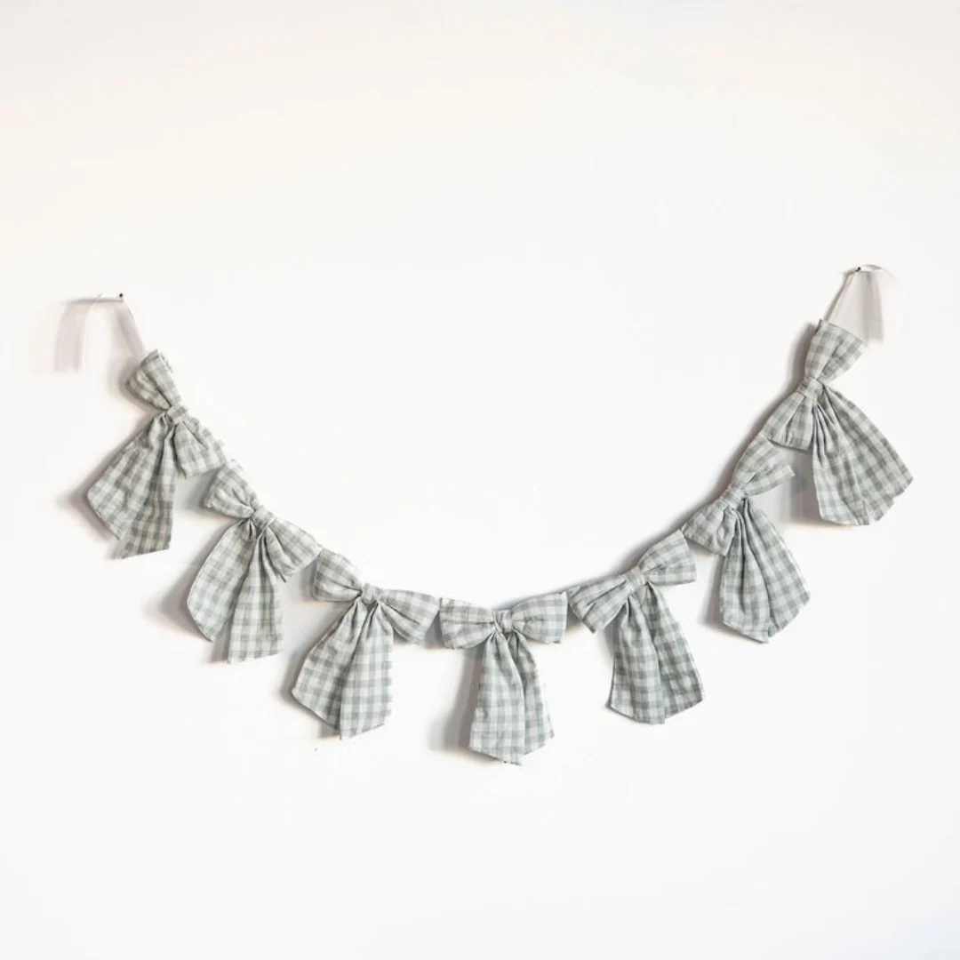 Teal Gingham Fabric Bows Garland