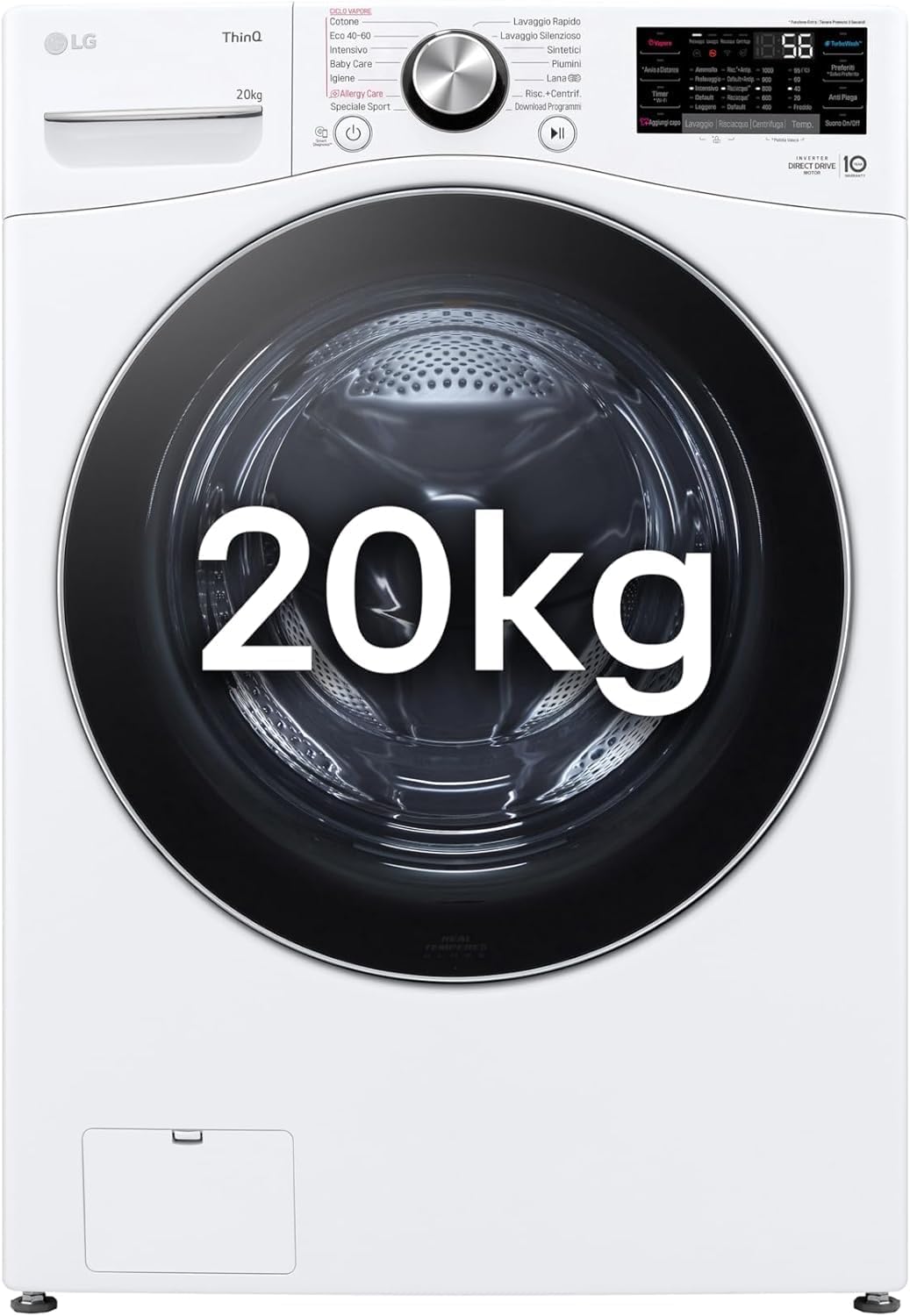 LG AI DD F0P3020TSWC Lavatrice 20kg, a Carica Frontale, Capacità XL Serie P3, Classe B, 1000 Giri, TurboWash 360, Vapore, Wi-Fi, Motore Inverter Direct Drive, Libera installazione, Bianco