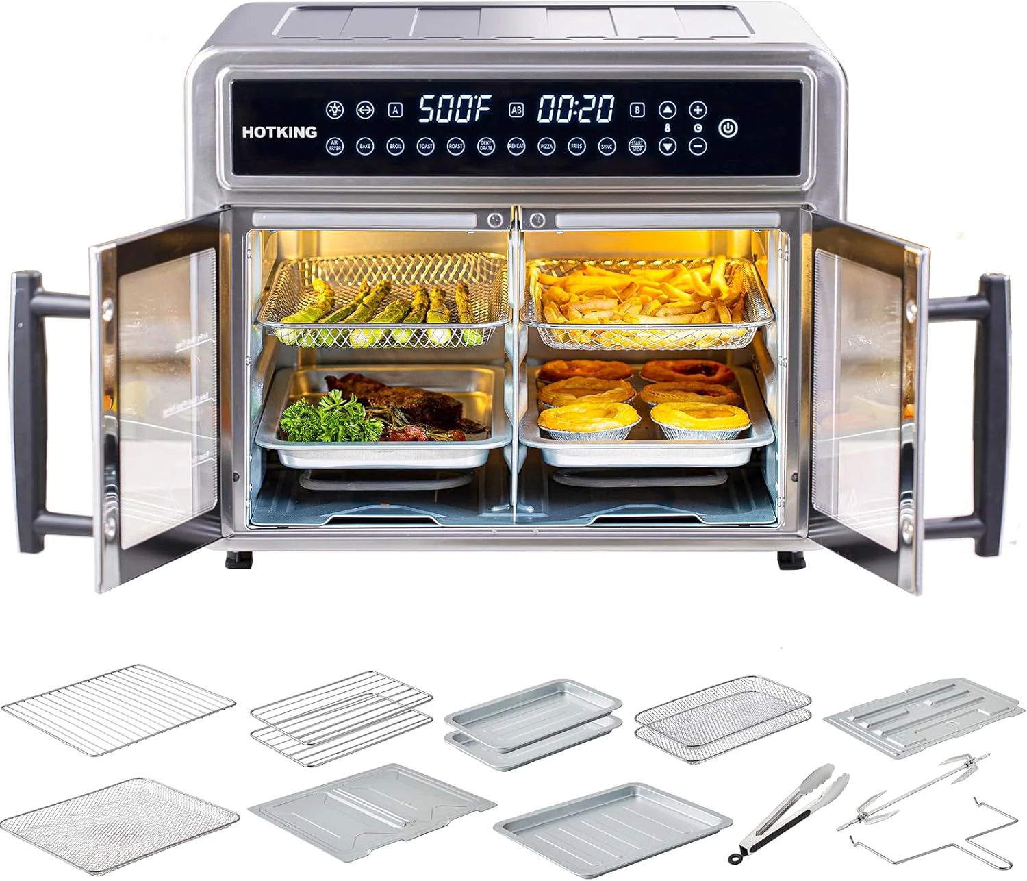 HotKing Dual-Zone Air Fryer Toaster Oven Combo, 28 QT Extra Large, Non Toxic Stainless Steel