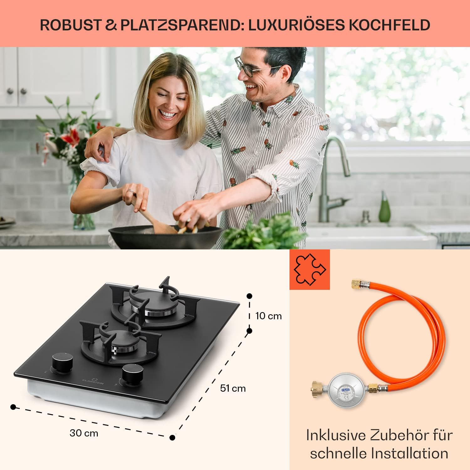 Klarstein Gasherd, Einbau-Gasherd für Propan Gasflasche, Gaskochfeld 4 Flammig, Gasherd für Küche, Camping & Wohnmobil, 8000 W Kochplatte, LPG Gaskocher, Herdplatte für Propangas, Edelstahl Gas-Herd