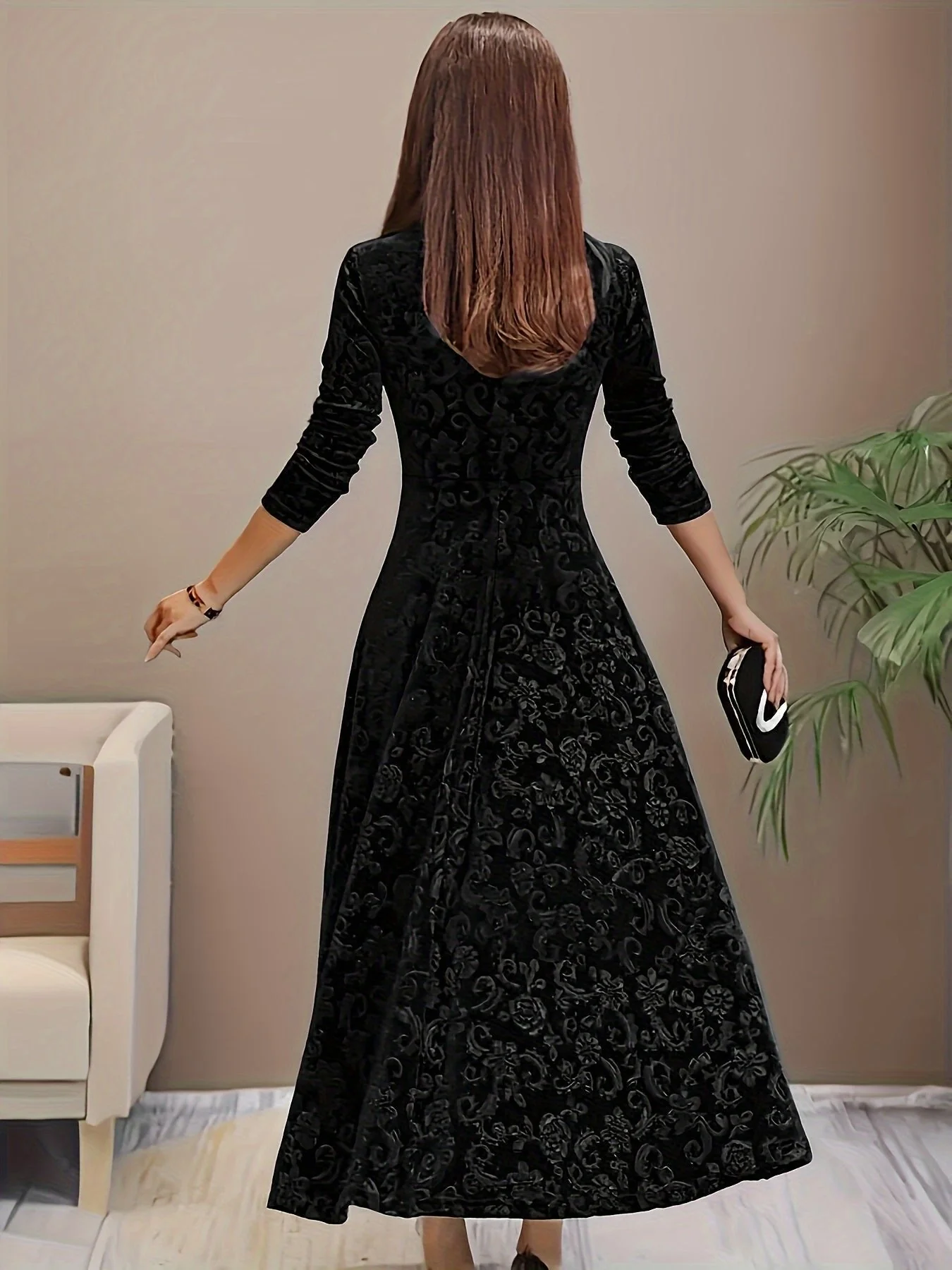 Womena??s Embossed Velvet Midi Dress Elegant A-Line with Square Neckline