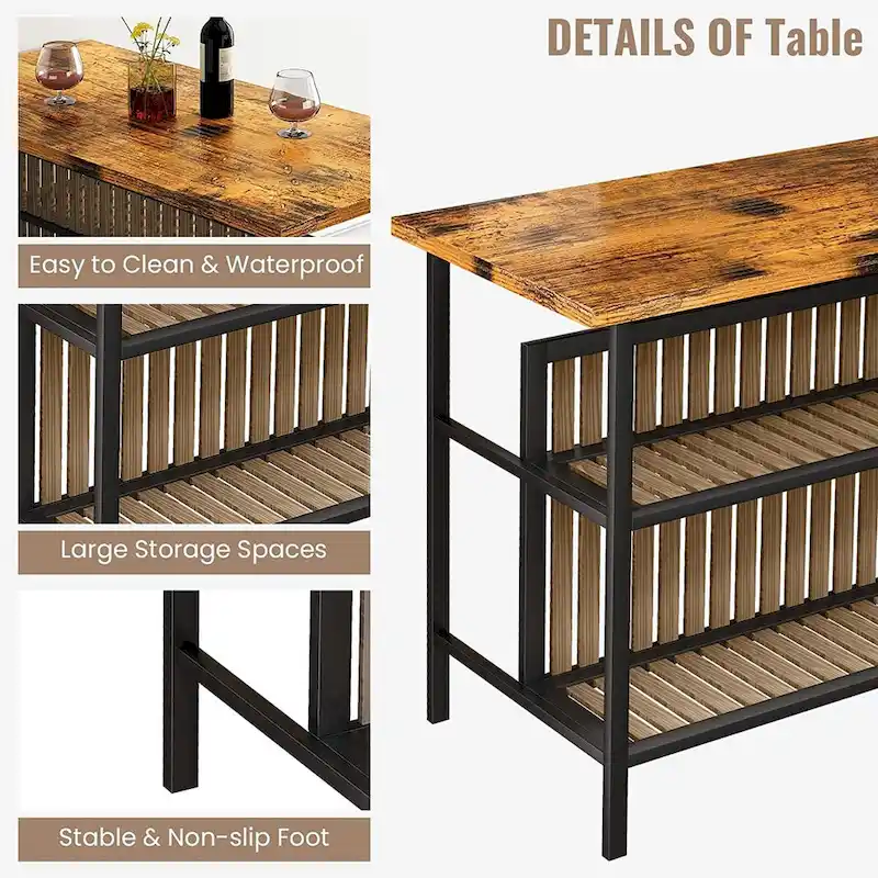 Kitchen Island with 2 Stools and Open Shelves