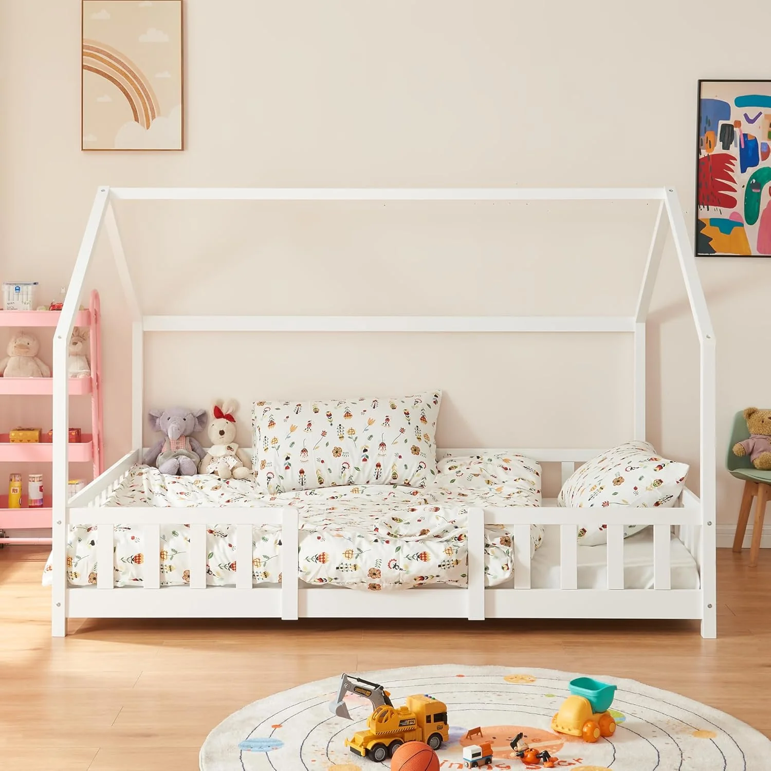 [en.casa] Letto per bambini Sisimiut a capanna 80 x 160 cm con protezione anticaduta letto in legno per bambini letto a terra rete a doghe in legno di pino Bianco opaco