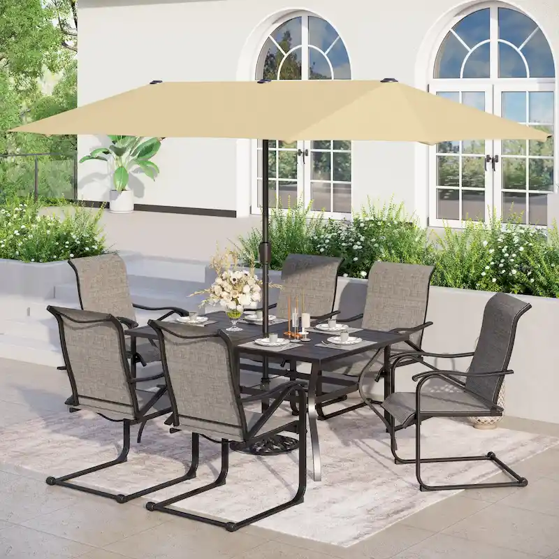 7/8-Piece Patio Dining Set including 60x38 Slatted Metal Table with 1.56 Umbrella Hole and 6 Spring Motion Chairs