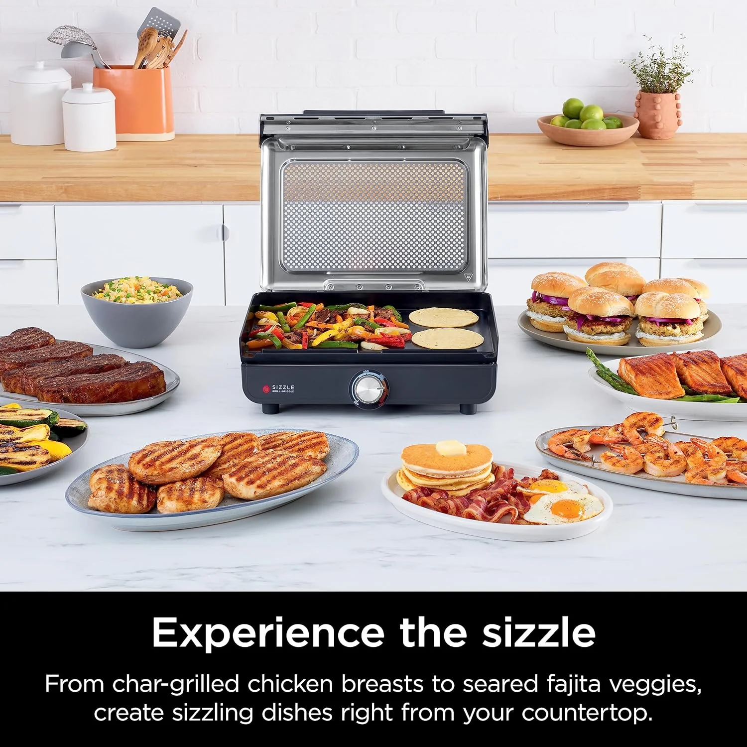 Ninja Griddle and Indoor Grill, 14��锟�? Electric Grill, For Steak, Burgers, Salmon, Veggies, and More, Pancake Griddle, Nonstick, Dishwasher Safe, 500F, Even Cooking, Silver, GR101
