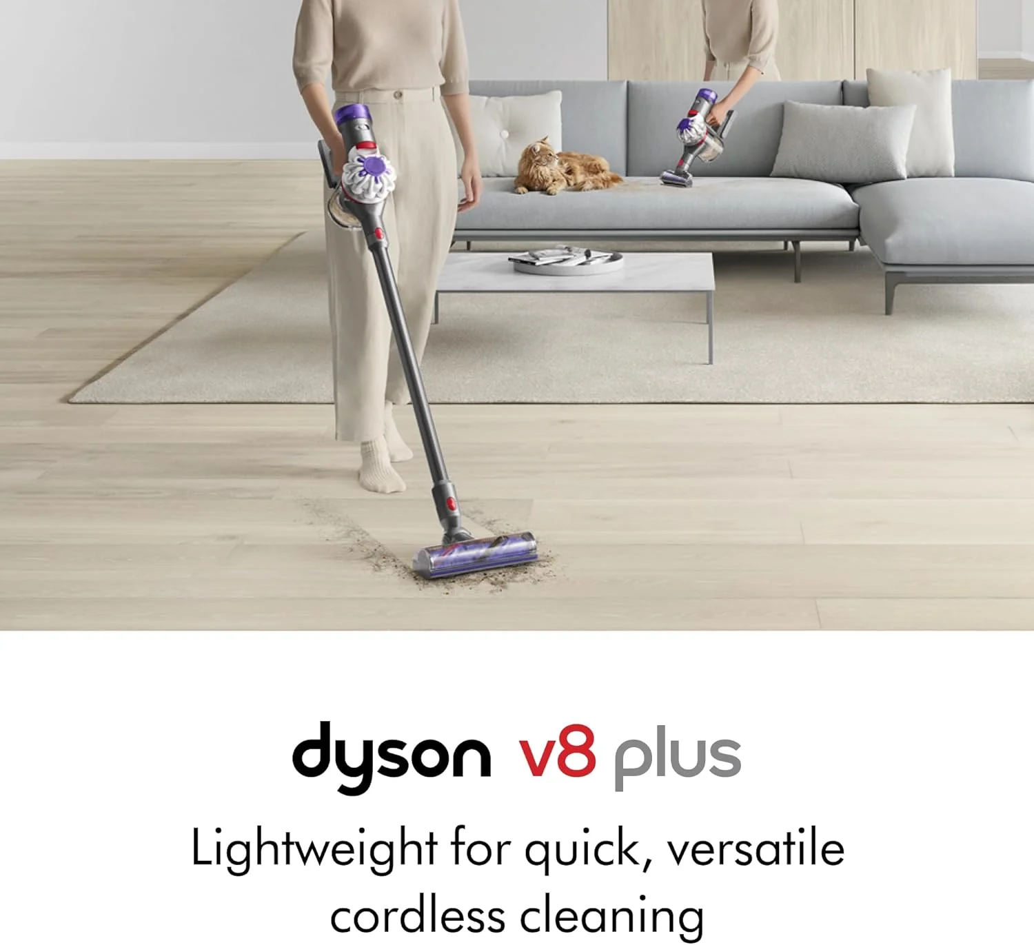 Dyson V8 Plus Cordless Vacuum, Cleans Hard Floors and Carpets, Detangles, Converts to Handheld, 115AW, 2 Power Modes, Up to 40 Minutes鹿