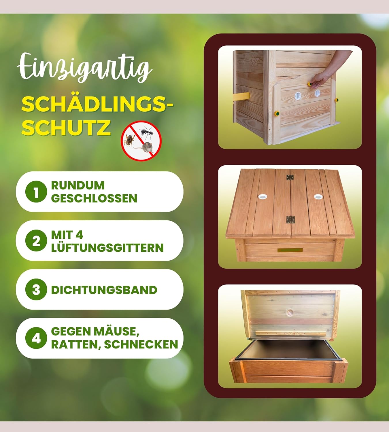 Holz Komposter Rattensicher mit Deckel, Schädlingsschutz, Durchlüftungsgitter und Boden, Gleit-Technik Kompostieren ohne üblen Gerüche, kein Umsetzen mehr, 340 L