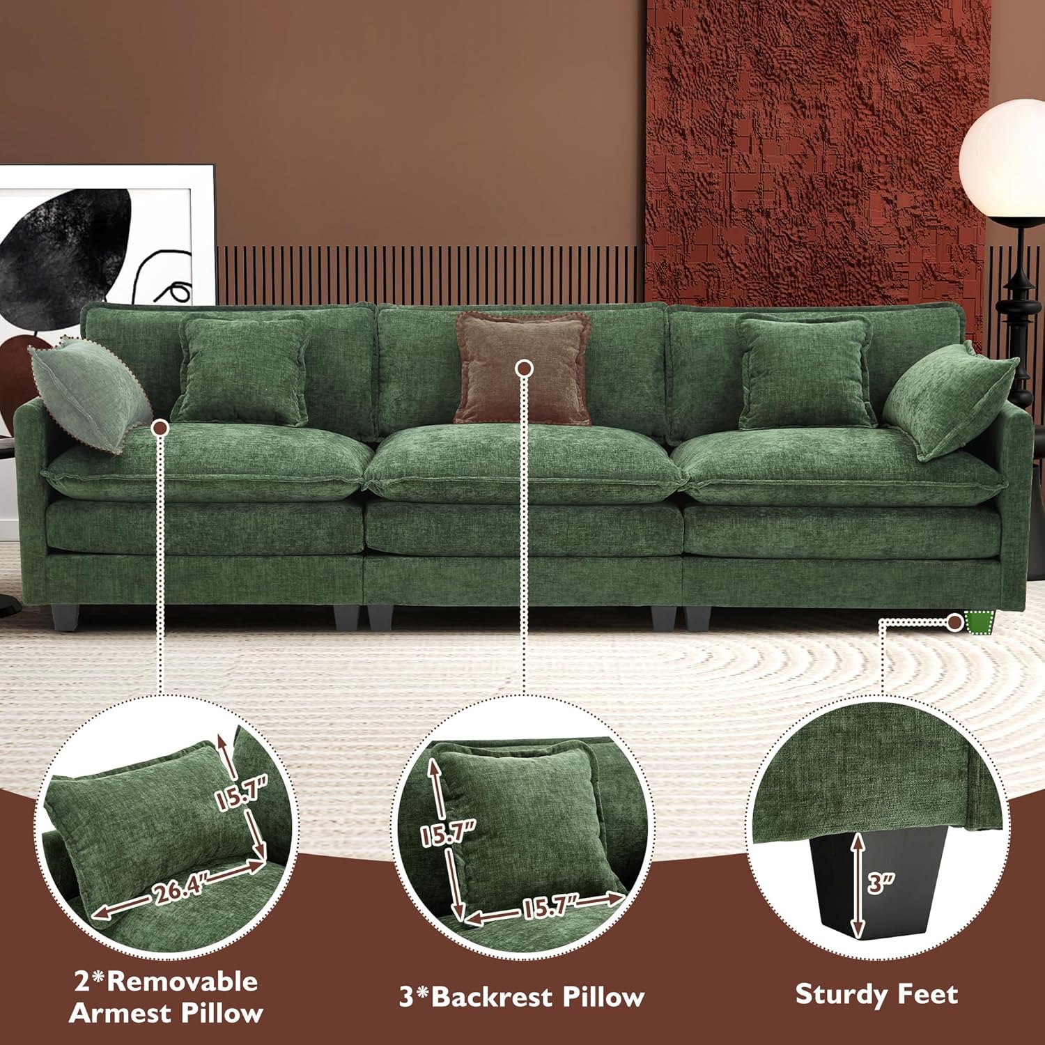 111.4 Inch L-Shaped Modern Sofa Modular Cloud Sofa Ottoman 4-Seater Chenille Deep Seat Sofa