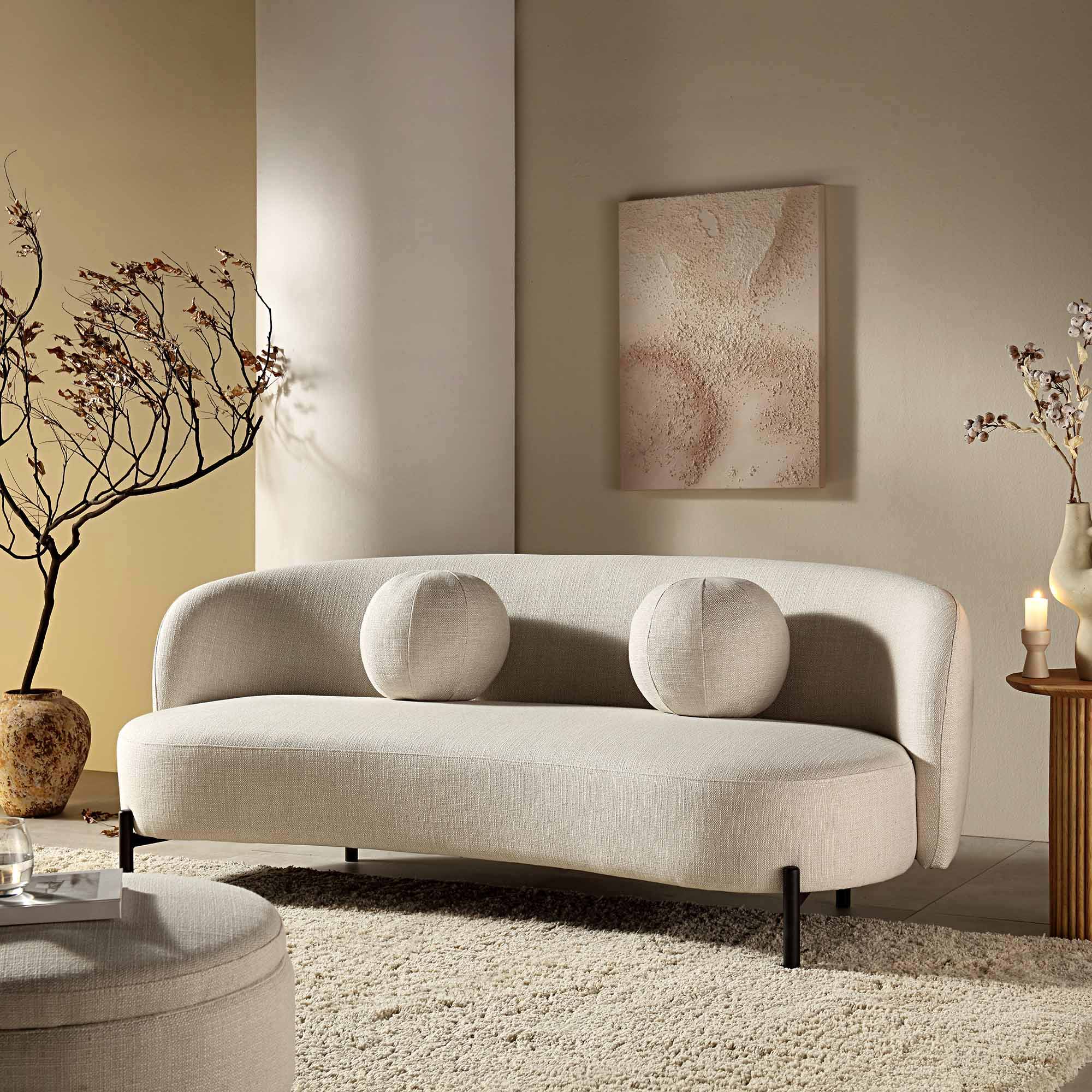 3-Seater Curved Sofa with Ball Cushions, Beige Linen Blend
