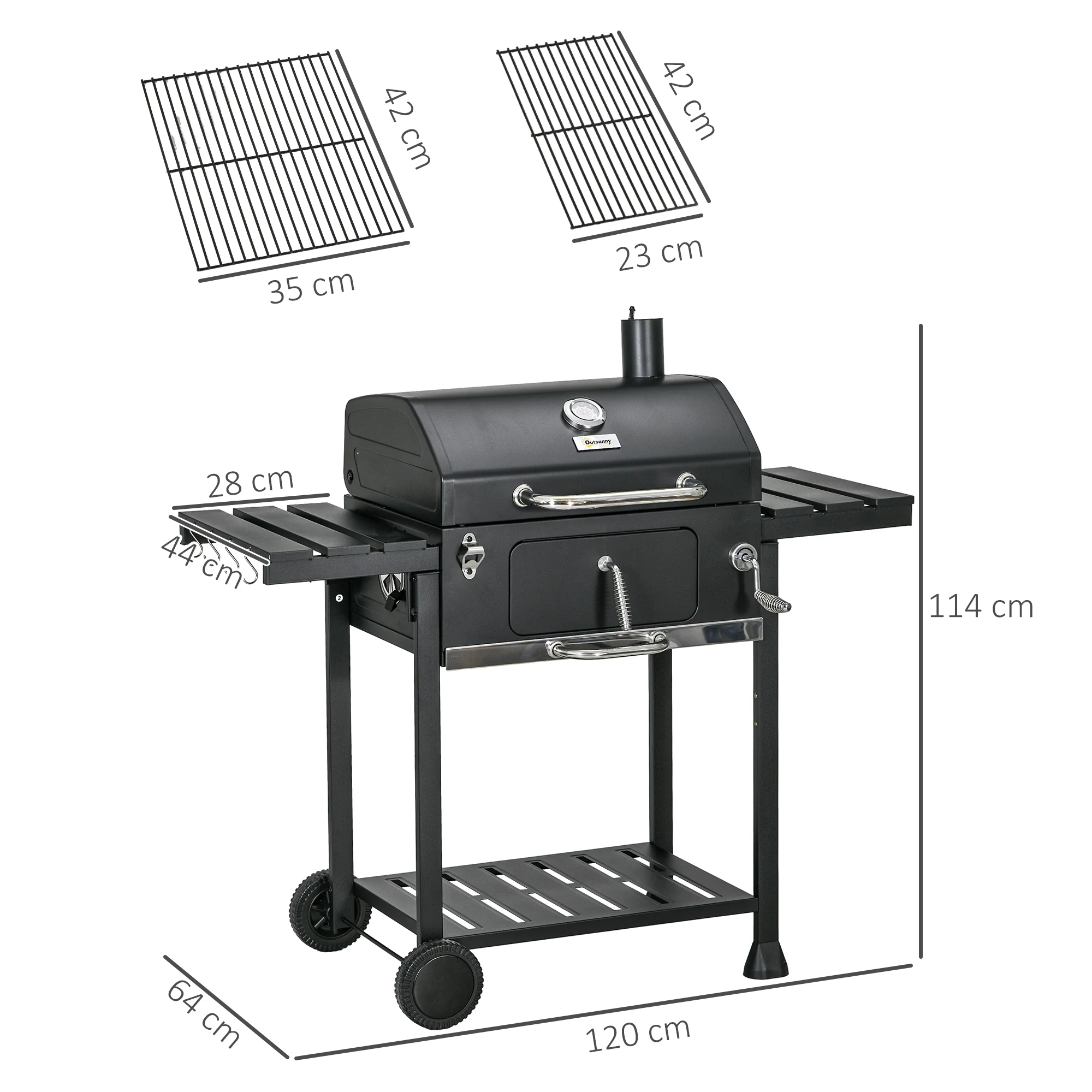 Outsunny Kolenbarbecue BBQ-grill Smoker, inclusief thermometer, flesopener, 120 x 64 x 114 cm, Zwart