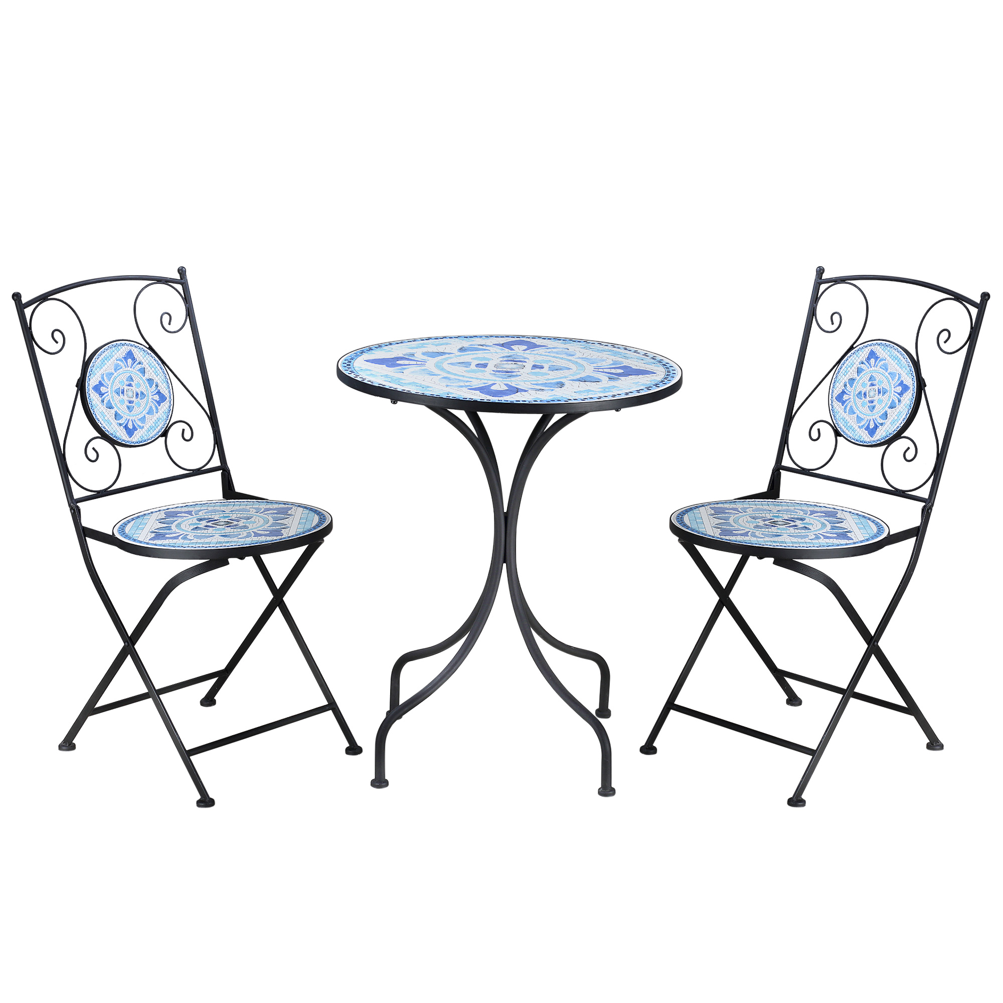Outsunny Ø 61 cm tuinzitgroep 3-delige bistroset set 1 tafel + 2 klapstoelen voor terrasbalkon staalblauw