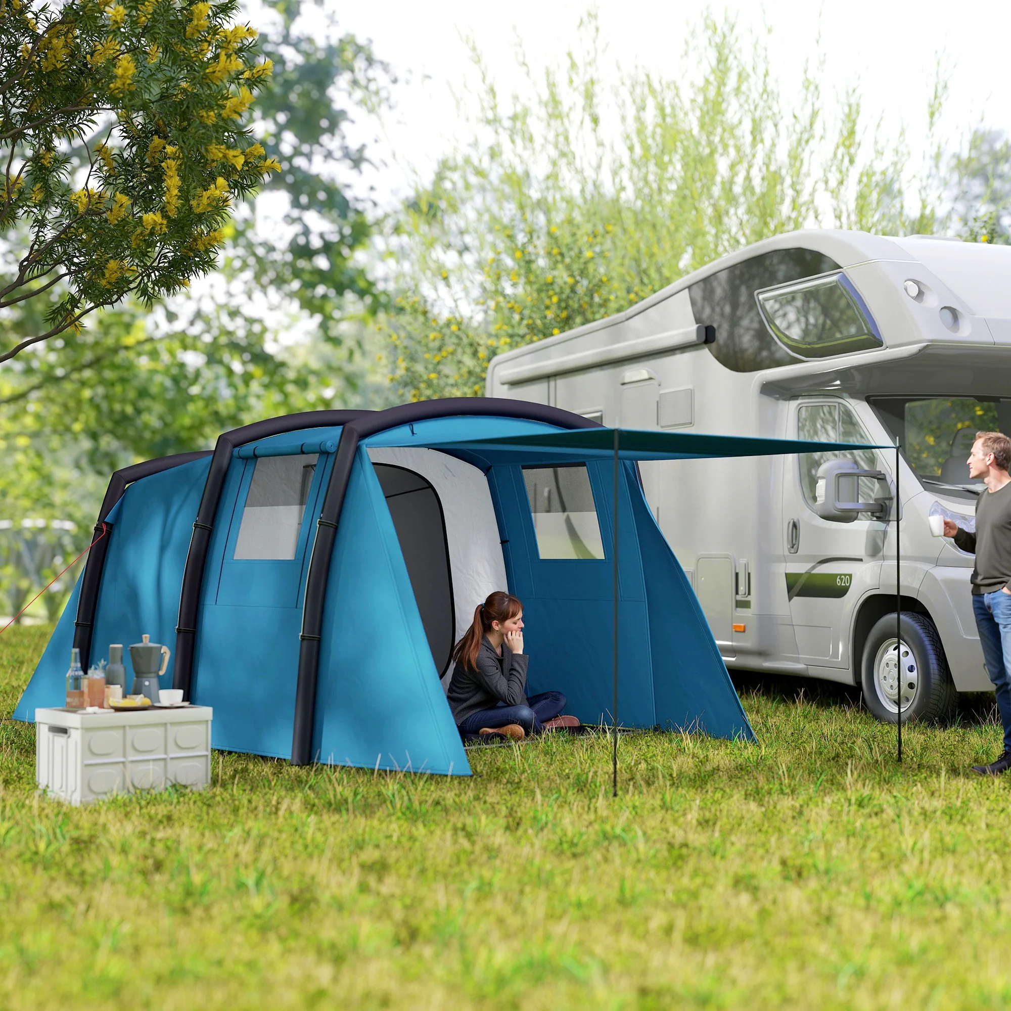 Outsunny Opblaasbare Campingtent 3-6 Personen Outdoor Tunneltent met Zijramen Deur Luchtsteunen 4,4 x 2,8 x 1,95 m Blauw