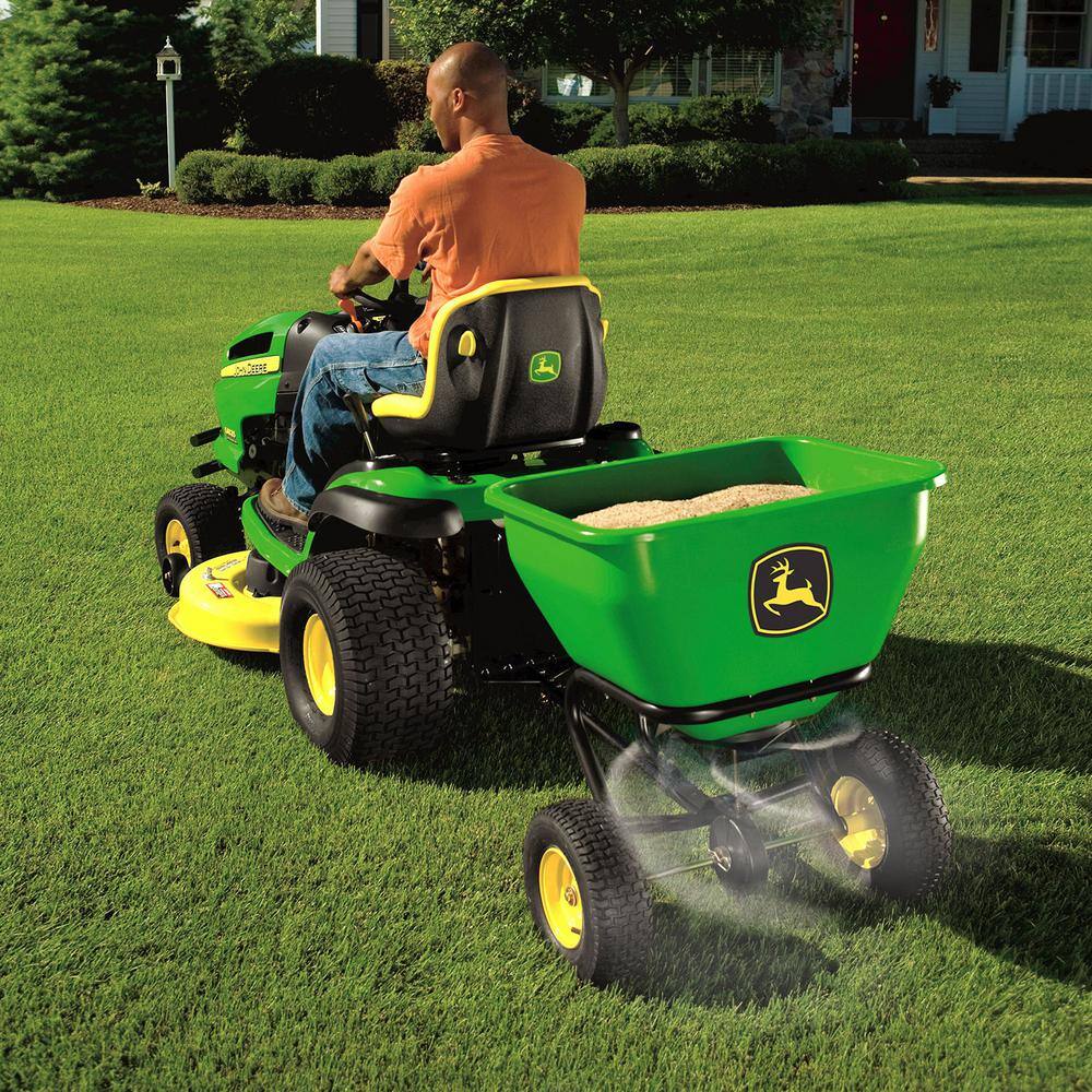 John Deere 175 lb Tow-Behind Broadcast Spreader, Rustproof Poly Hopper, Universal Fit