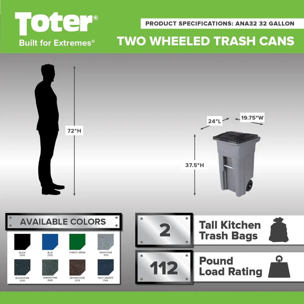 32 Gallon Trash Can, Greenstone, Quiet Wheels, Attached Lid, Durable Recycling Bin