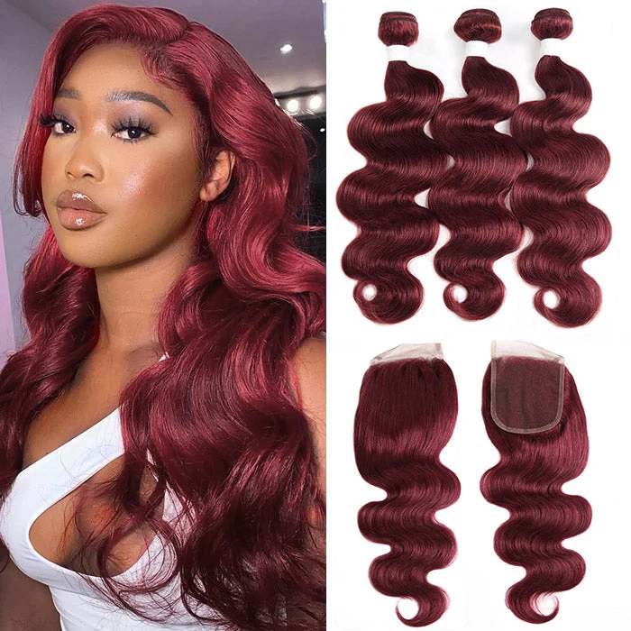 99J Burgundy Color Brazilian Body Wave Hair 3 Bundles With 4x4 Closure Human Hair Bundles