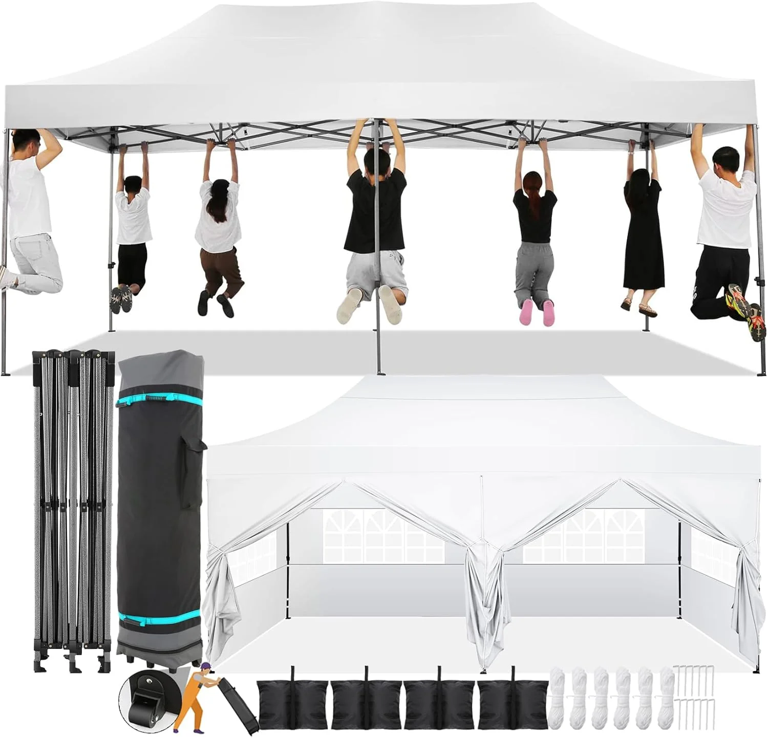 COBIZI 10x20 felugró előtető 6 oldalfal Heavy Duty előtető UPF 50+ egész évben szélálló vízálló kereskedelmi kültéri esküvői parti sátrak rendezvényekre előtető pavilon gurulós táskával (10 x 20 láb fehér)
