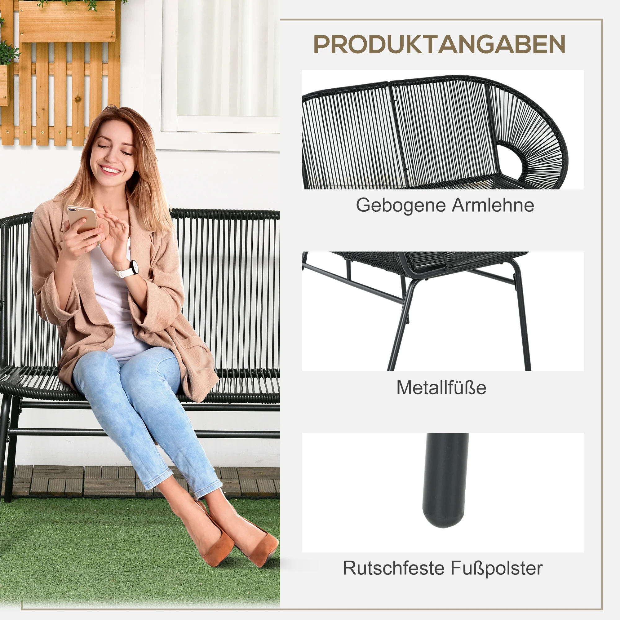 Outsunny Rieten Relaxstoel in Boho-stijl, 132 cm x 72 cm x 83 cm, Zwart