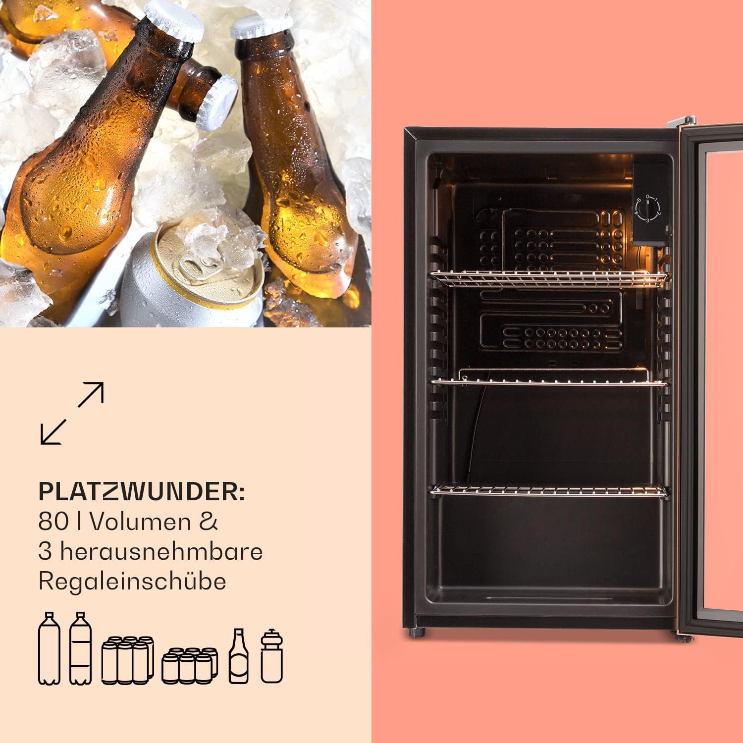 Klarstein XXL Mini Kühlschrank mit Glastür & LED, für Zimmer, Getränkekühlschrank Klein mit 3 Ablagen, 80L, Indoor/Outdoor, Leise & Wetterfest, 3-10°C