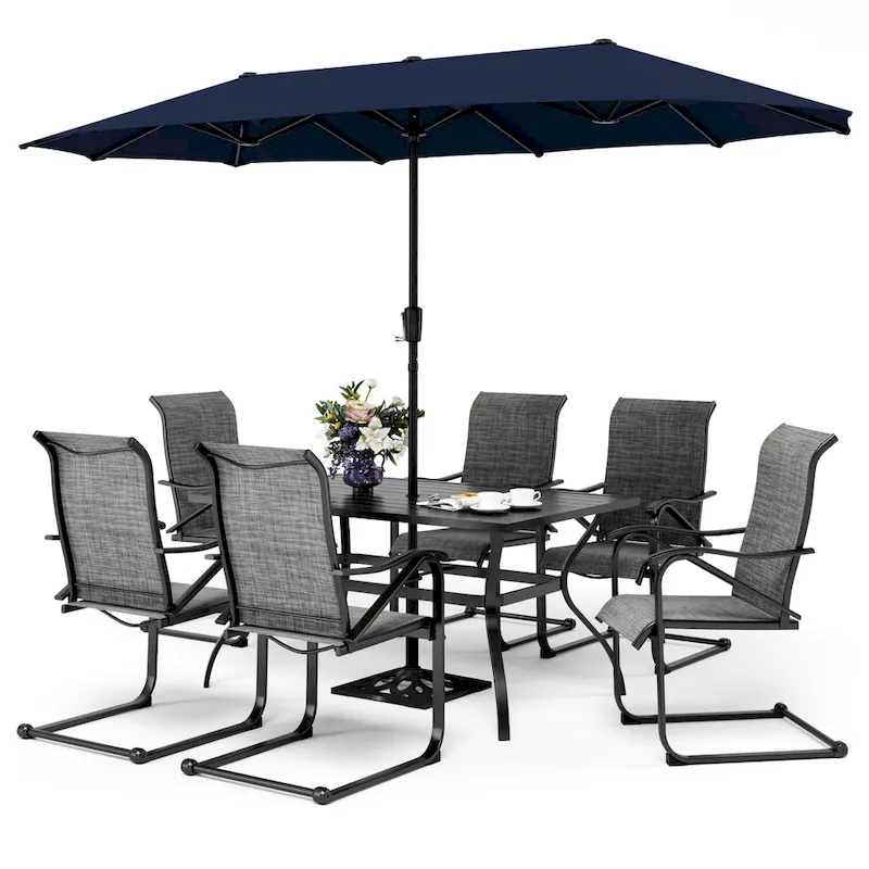 7/8-Piece Patio Dining Set including 60x38 Slatted Metal Table with 1.56 Umbrella Hole and 6 Spring Motion Chairs
