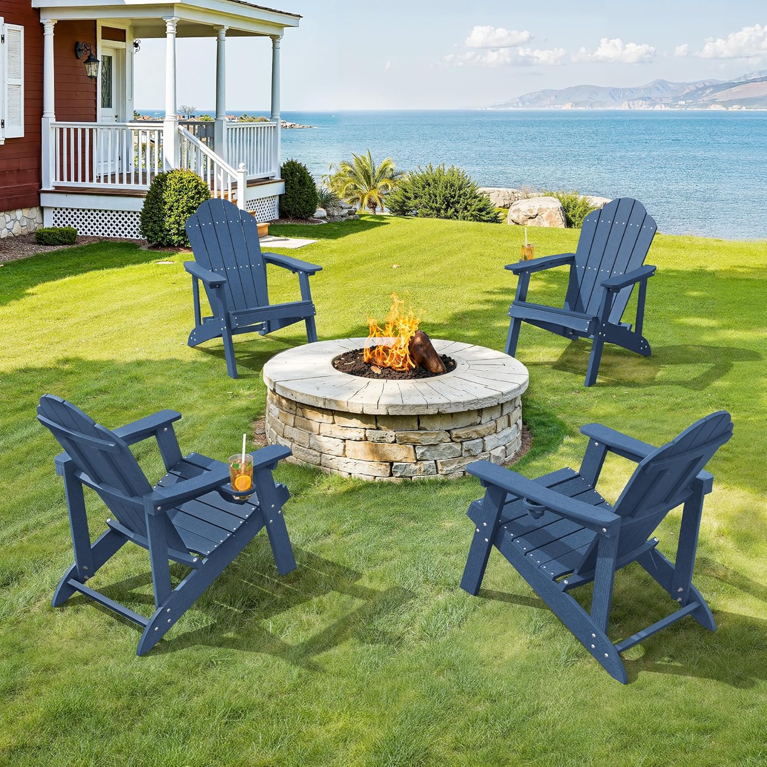 LUE BONA Adirondack Chairs Set of 4 - Weather Resistant Seating with Cup Holder for Poolside, Fire Pit, Deck & Resort Patio, Blue