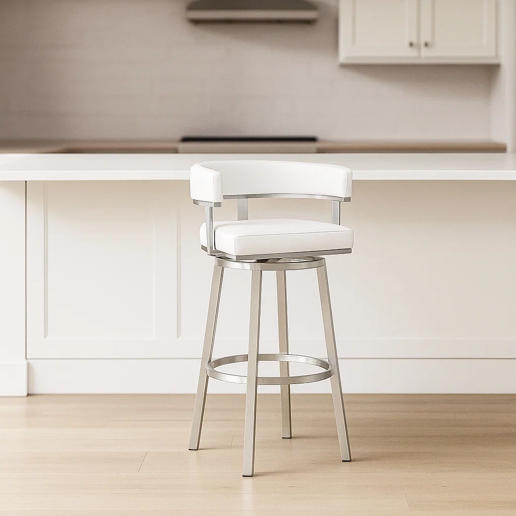 Barstol, hvid, kunstlder og metal, egnet til spisestue, 48x55x86cm