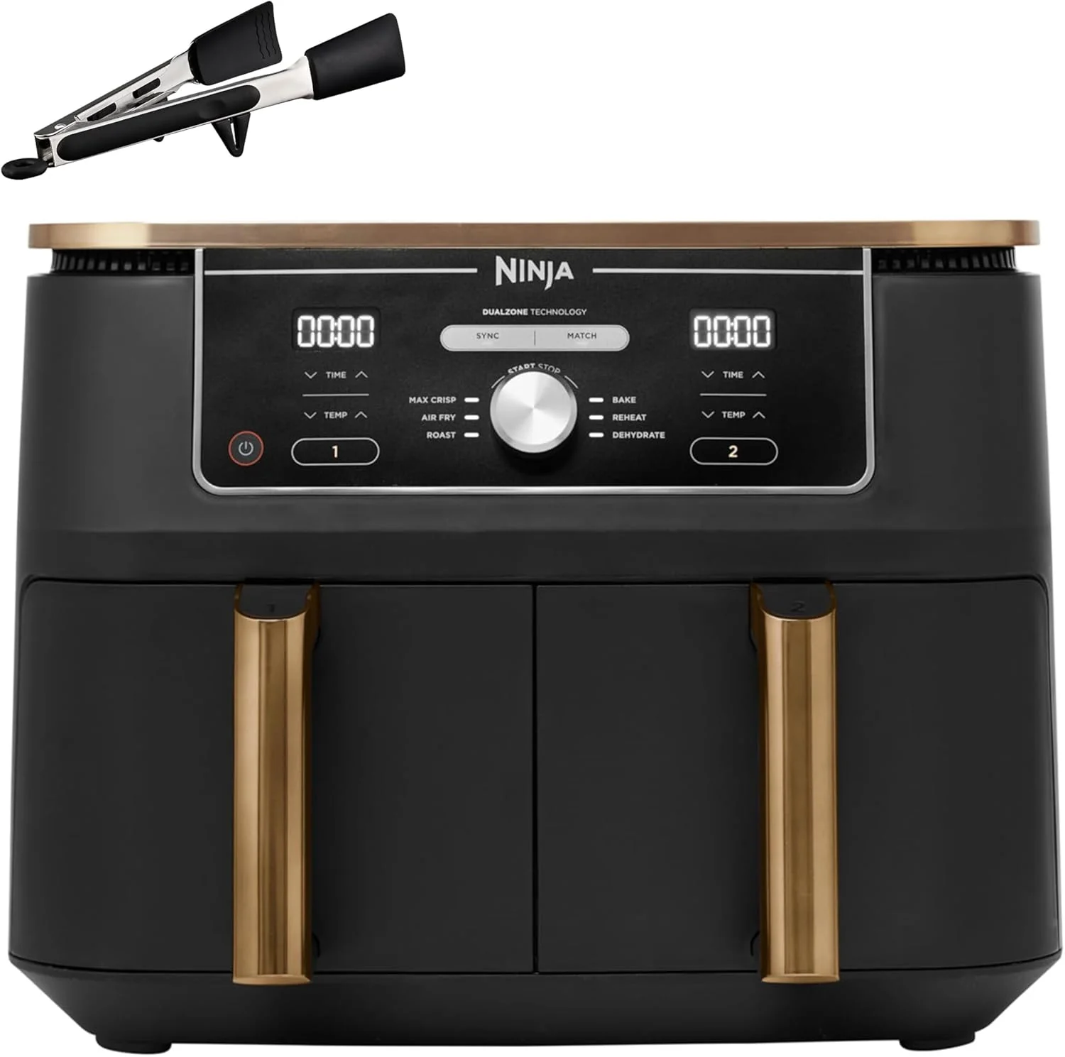 Ninja Foodi MAX Dual Compartment Air Fryer, 9.6L, 6-in-1, No Oil, Max Crisp, Roast, Bake and More, Tongs, 8 Servings, Non-Stick Baskets, Copper & Black, AF400EUCP