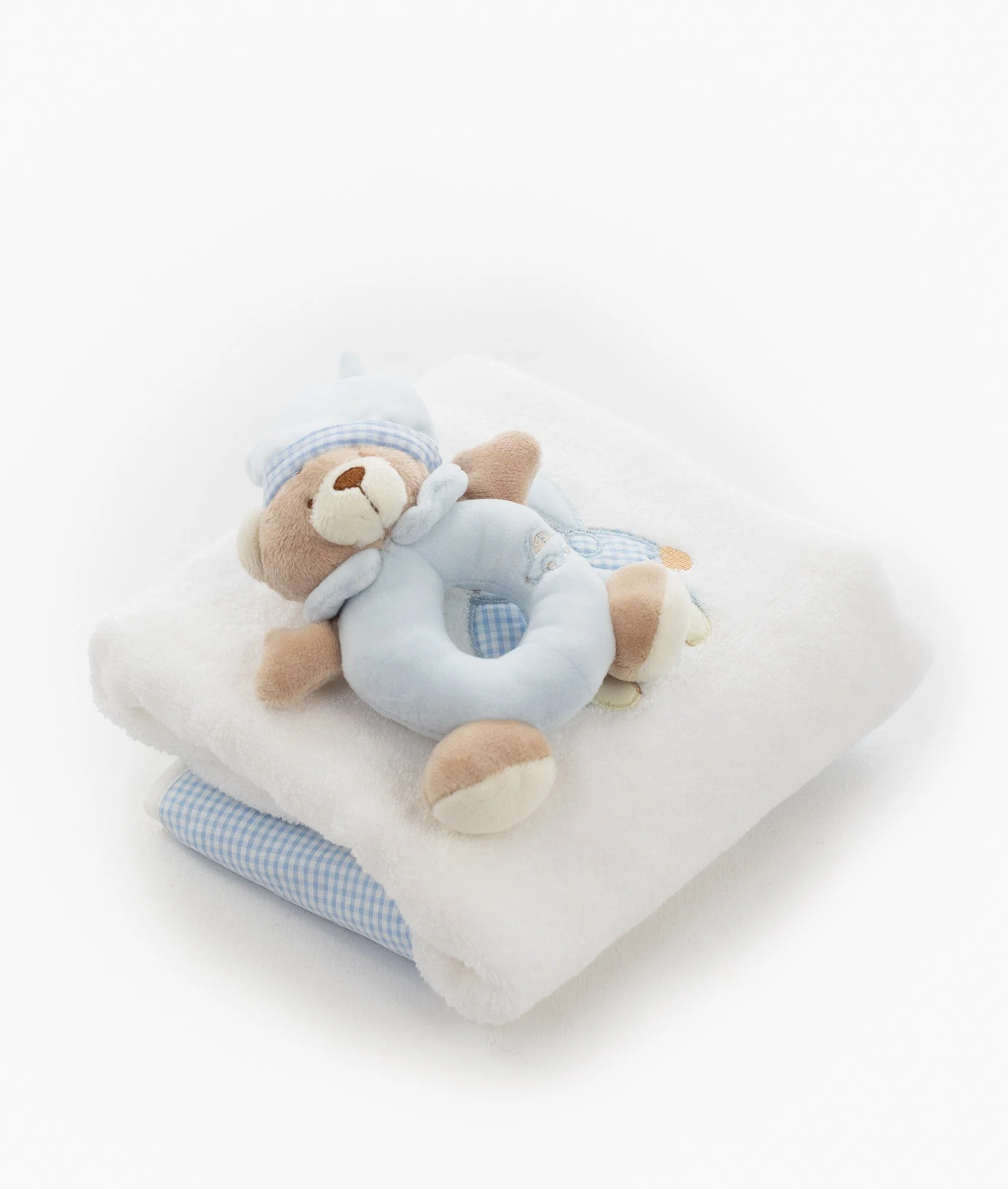 Bath Towel & Rattle Set | White & Blue