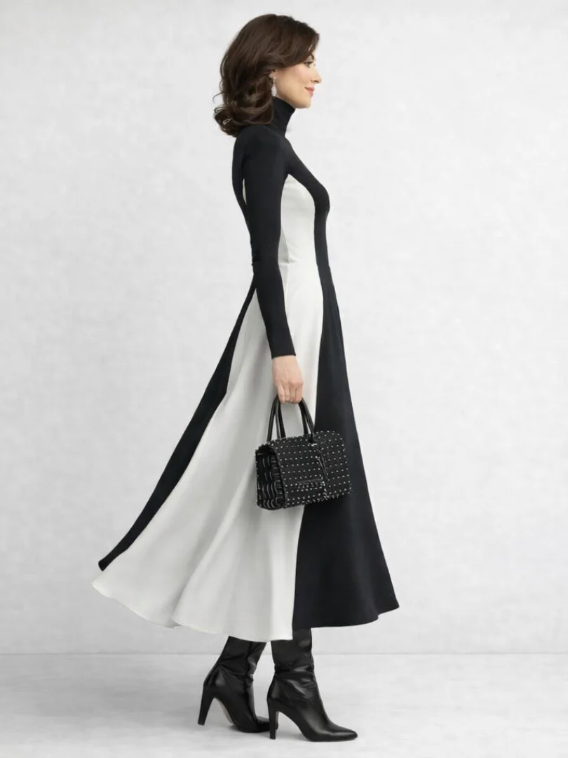Women��s Black Maxi Dress Sculpted Turtleneck Design